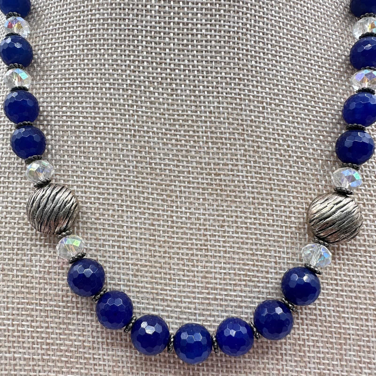 Vintage 90s Cobalt Blue Glass Bead Statement Necklace Silver Tone Boho Jewelry - Thumbnail 3