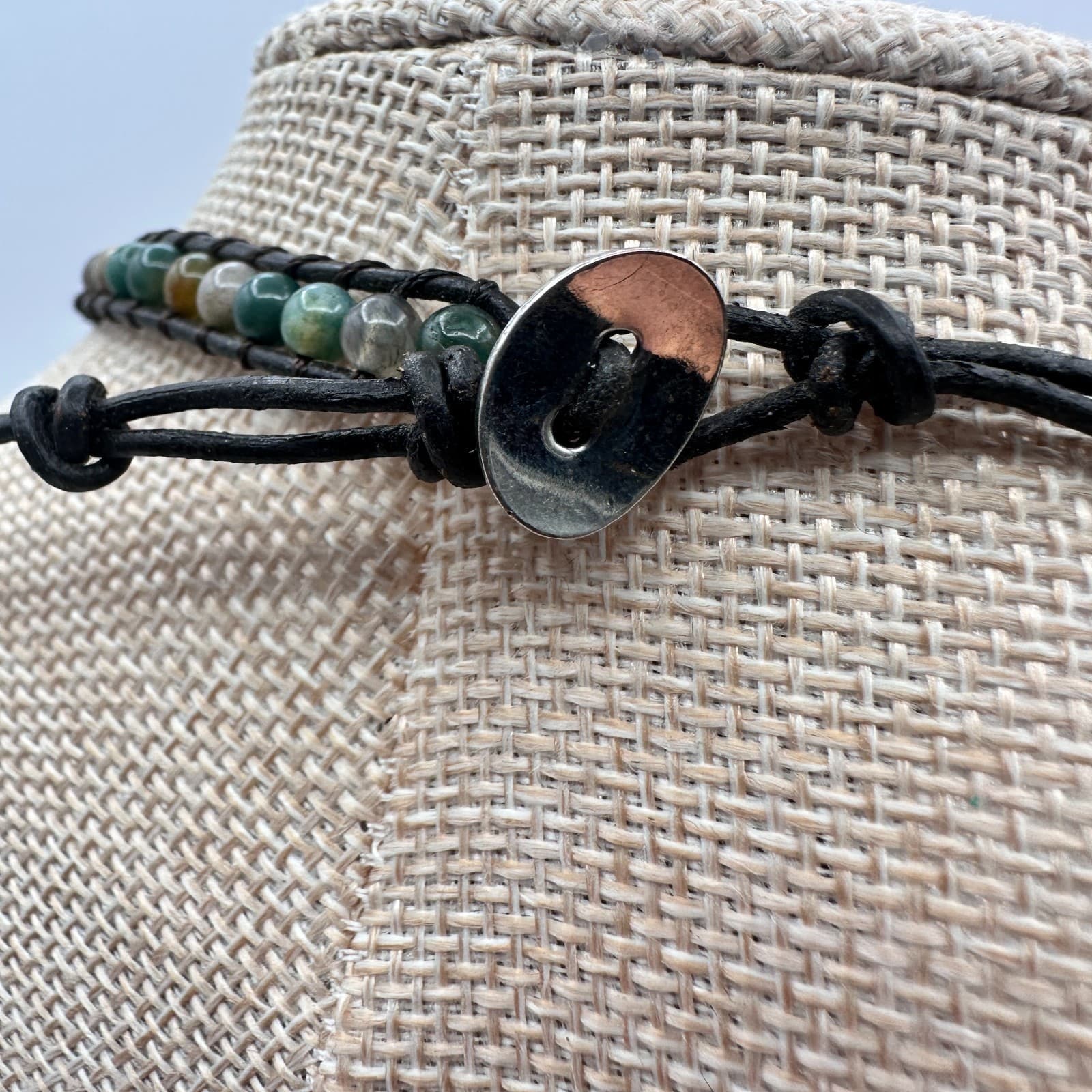 Vintage 90s Necklace Agate Glass Ball Bead Black Leather Boho Women's Jewelry - Thumbnail 7