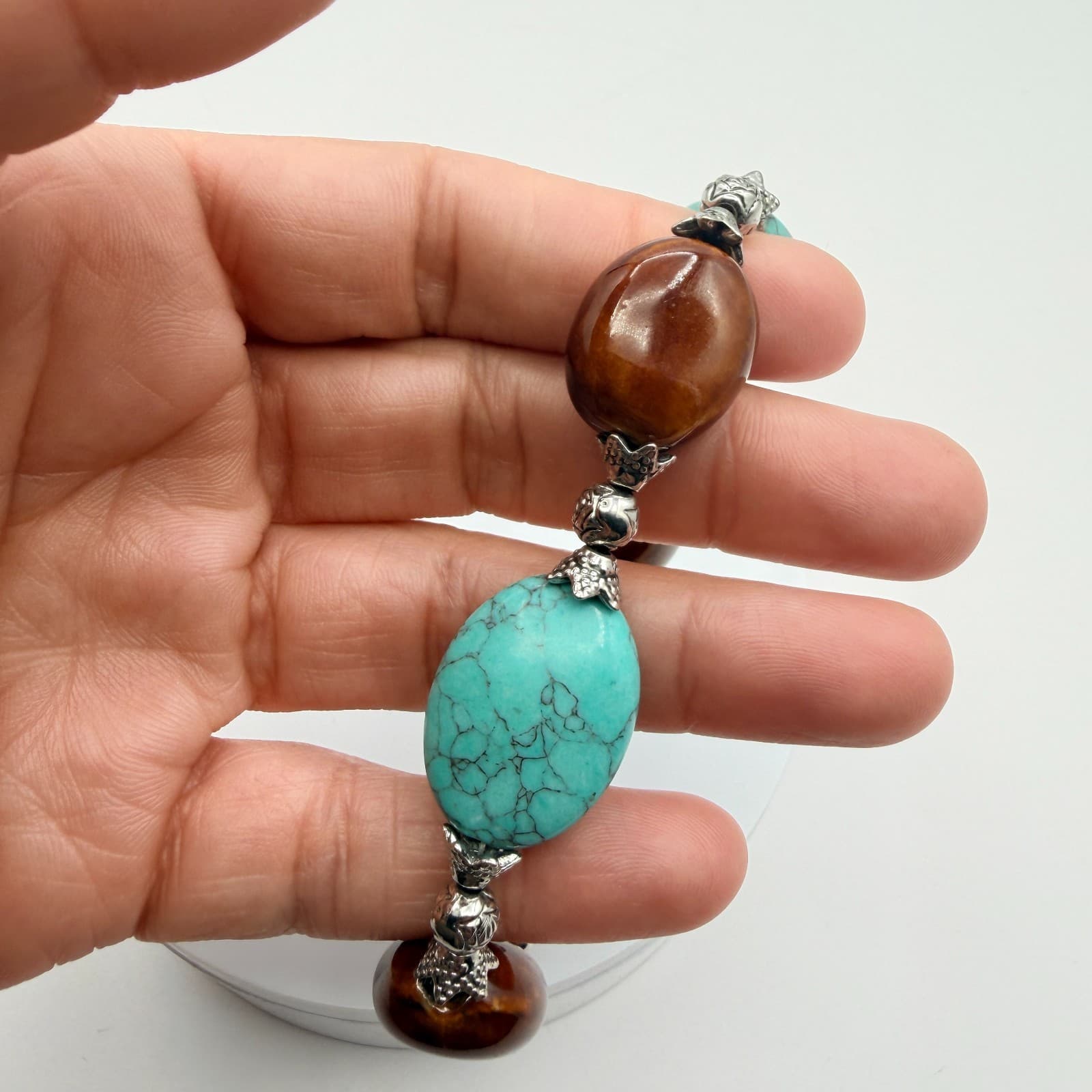 Vintage Y2K Silver Tone Turquoise Beaded Bracelet Boho Women's Classic Jewelry - Thumbnail 9