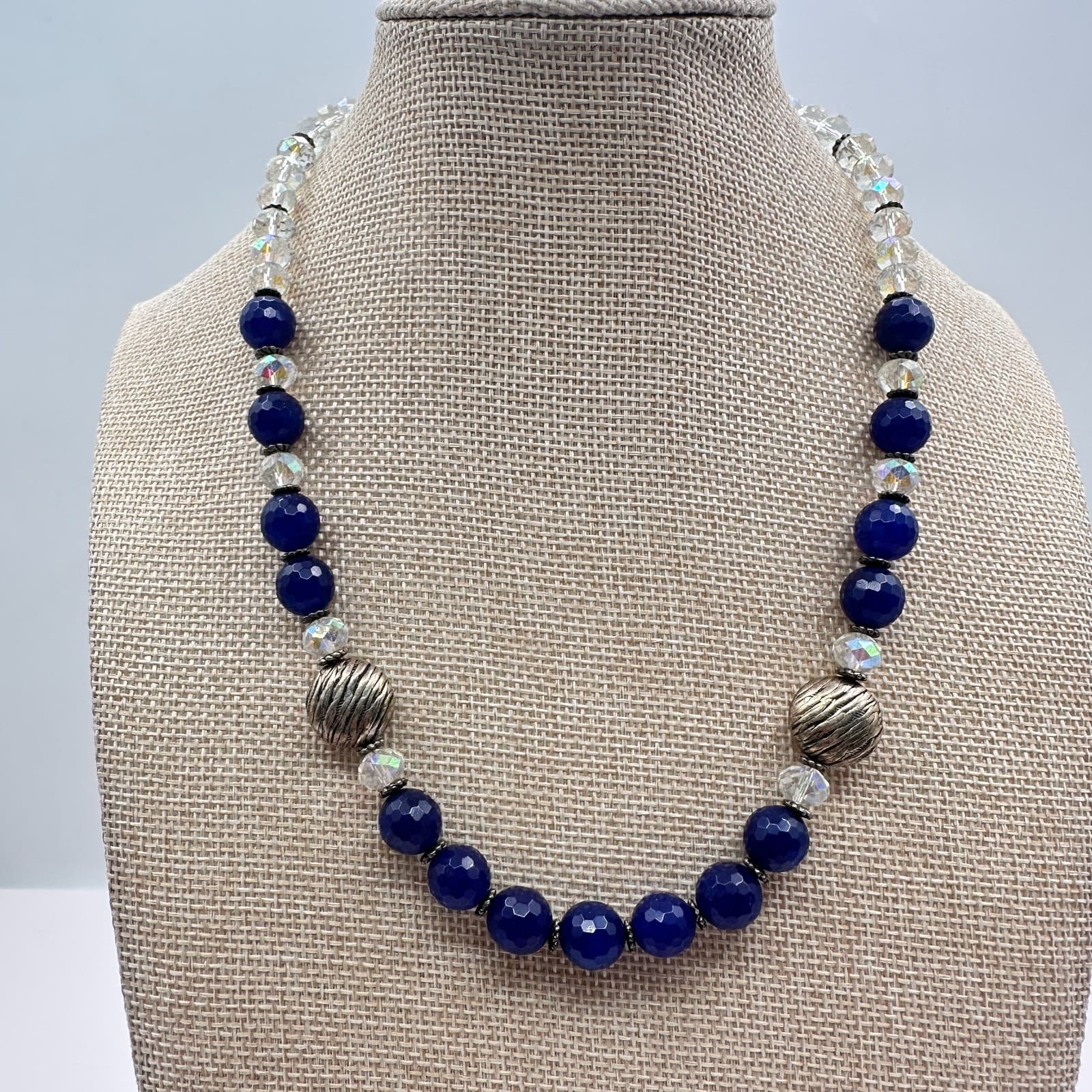 Vintage 90s Cobalt Blue Glass Bead Statement Necklace Silver Tone Boho Jewelry - Thumbnail 2
