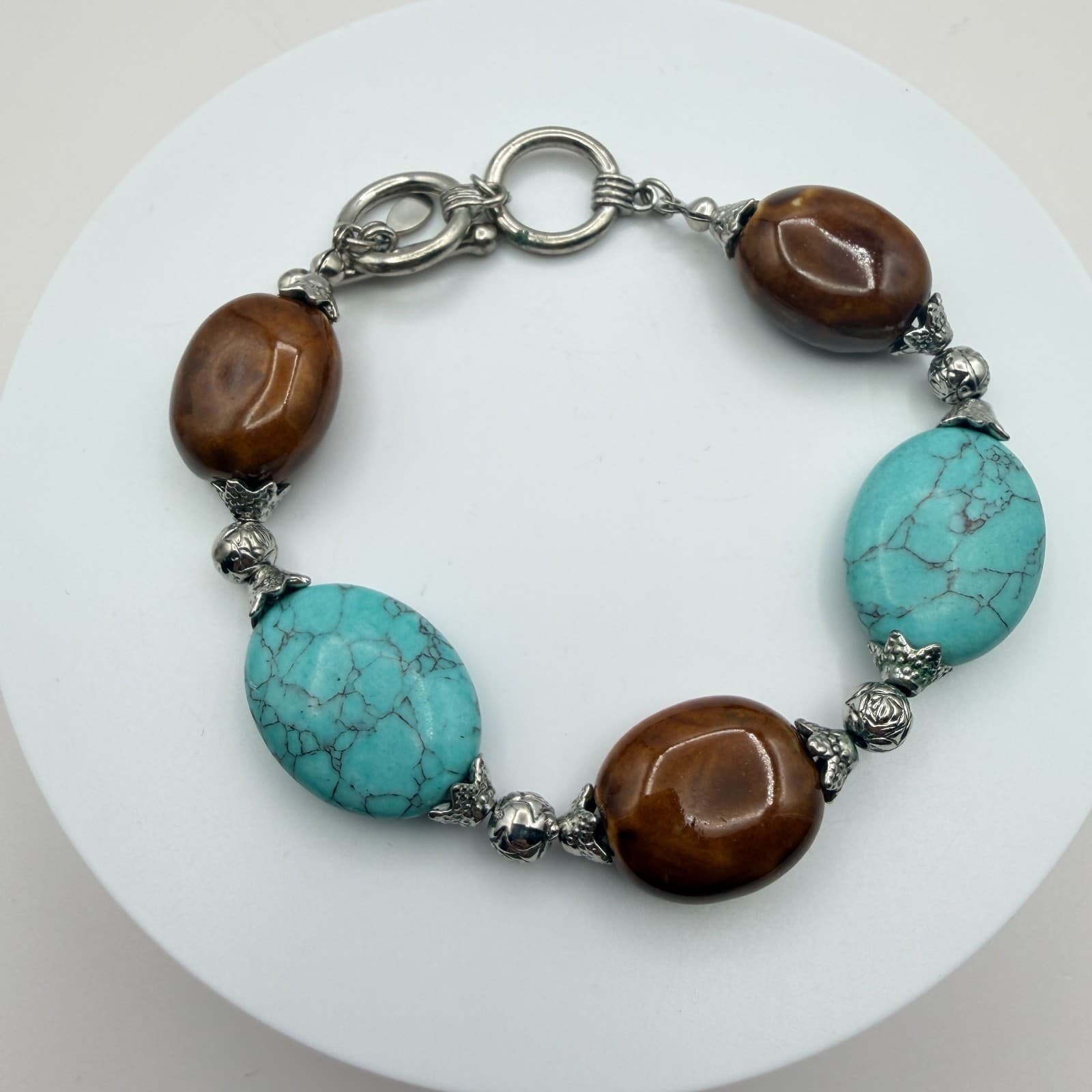 Vintage Y2K Silver Tone Turquoise Beaded Bracelet Boho Women's Classic Jewelry - Thumbnail 4