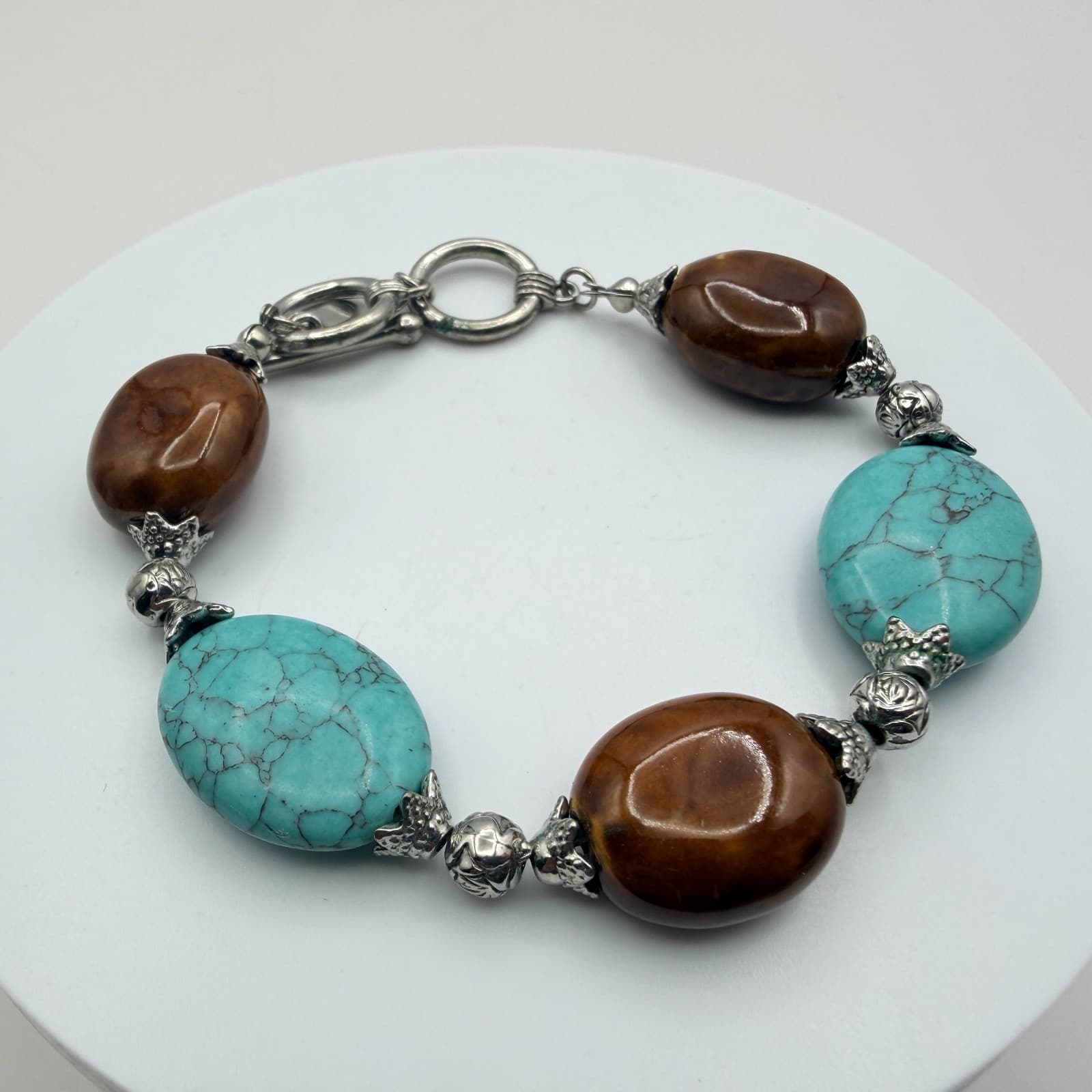Vintage Y2K Silver Tone Turquoise Beaded Bracelet Boho Women's Classic Jewelry - Thumbnail 5