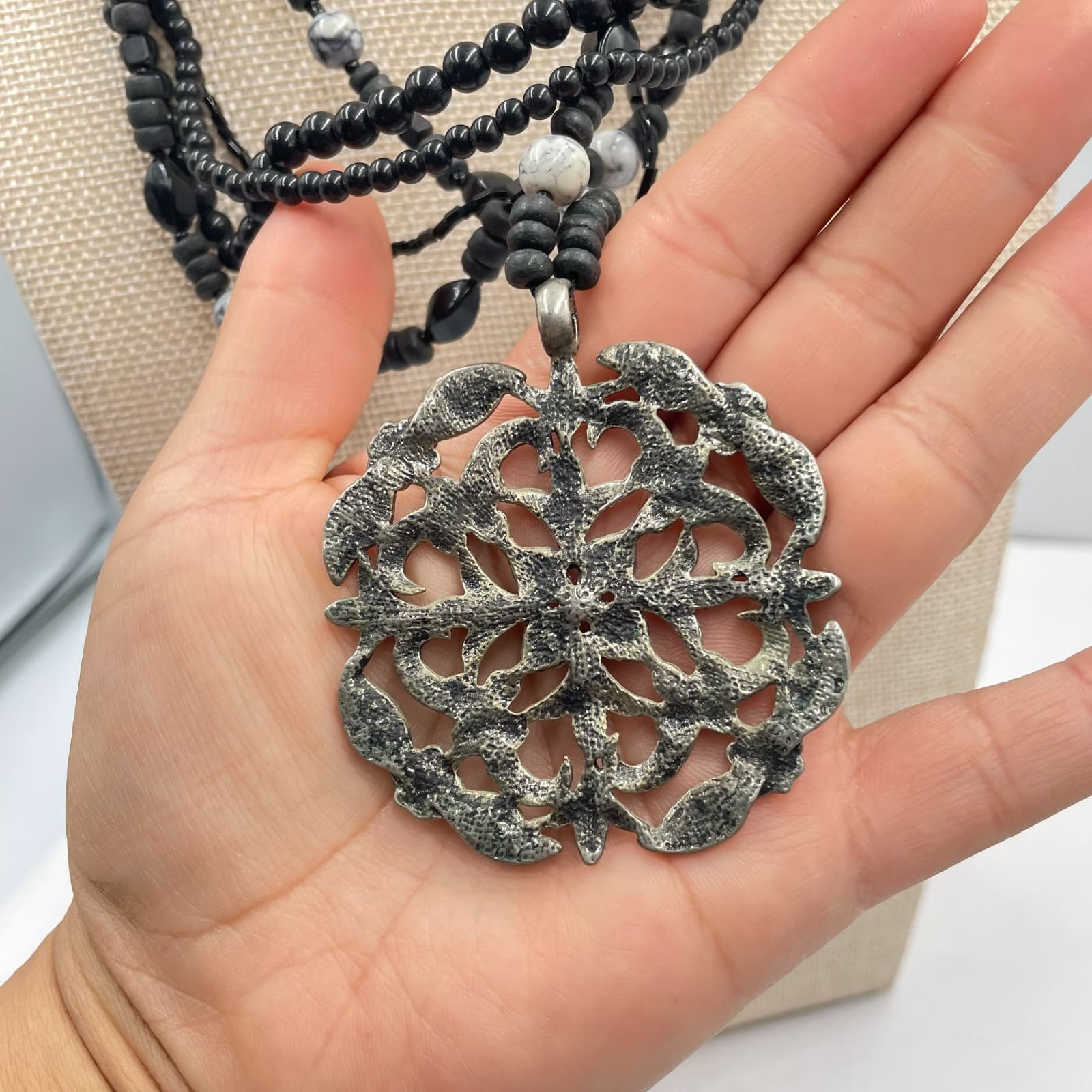 VJ Silver-Tone Multistrand Oxidize Metal Flower Black Beads Bib Lobster Necklace - Thumbnail 6