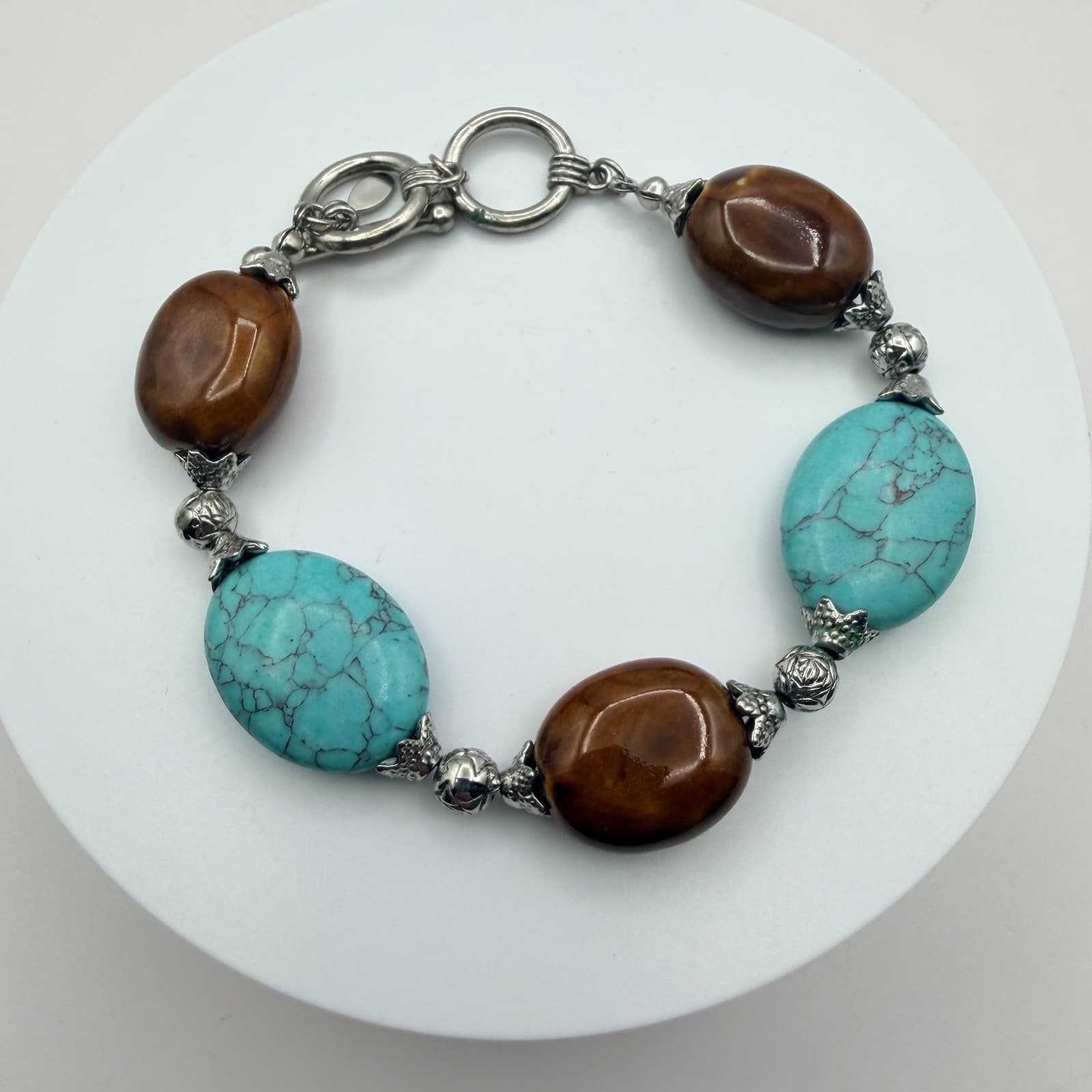 Vintage Y2K Silver Tone Turquoise Beaded Bracelet Boho Women's Classic Jewelry - Image 1