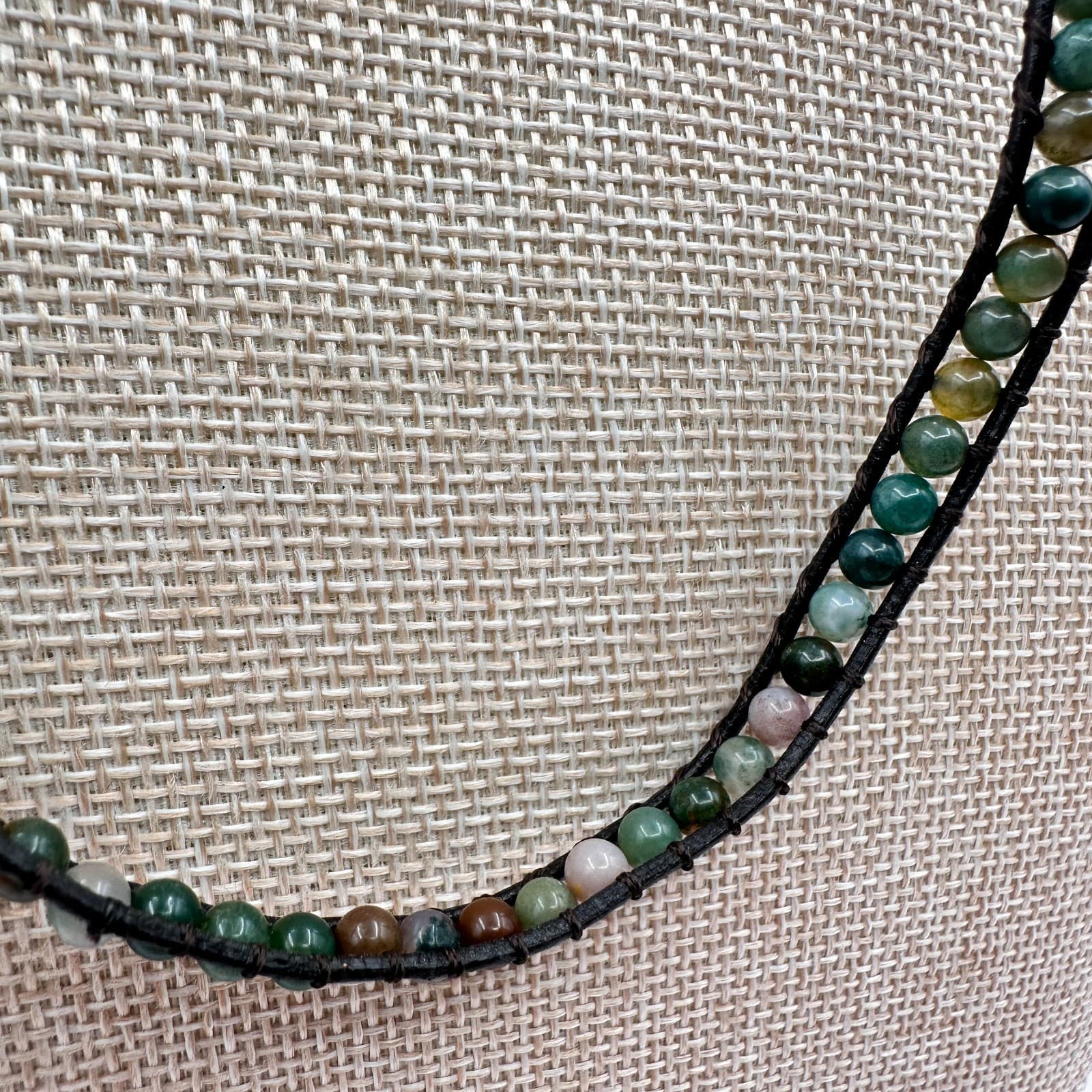 Vintage 90s Necklace Agate Glass Ball Bead Black Leather Boho Women's Jewelry - Thumbnail 3