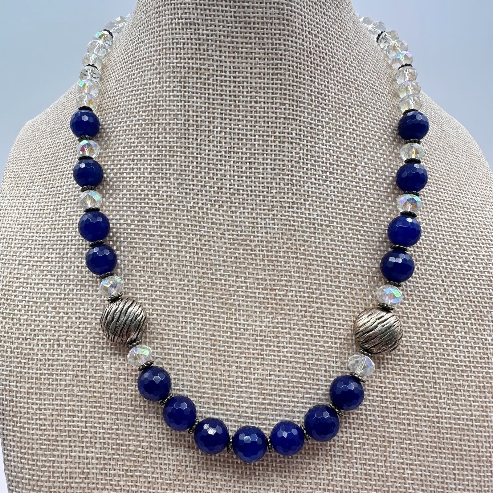 Vintage 90s Cobalt Blue Glass Bead Statement Necklace Silver Tone Boho Jewelry - Image 1
