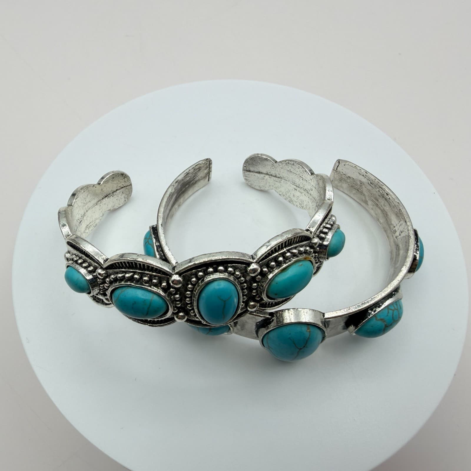 Vintage Y2K Silver Tone Turquoise Beaded Cuff Bracelet Set Boho Women's Jewelry - Thumbnail 5
