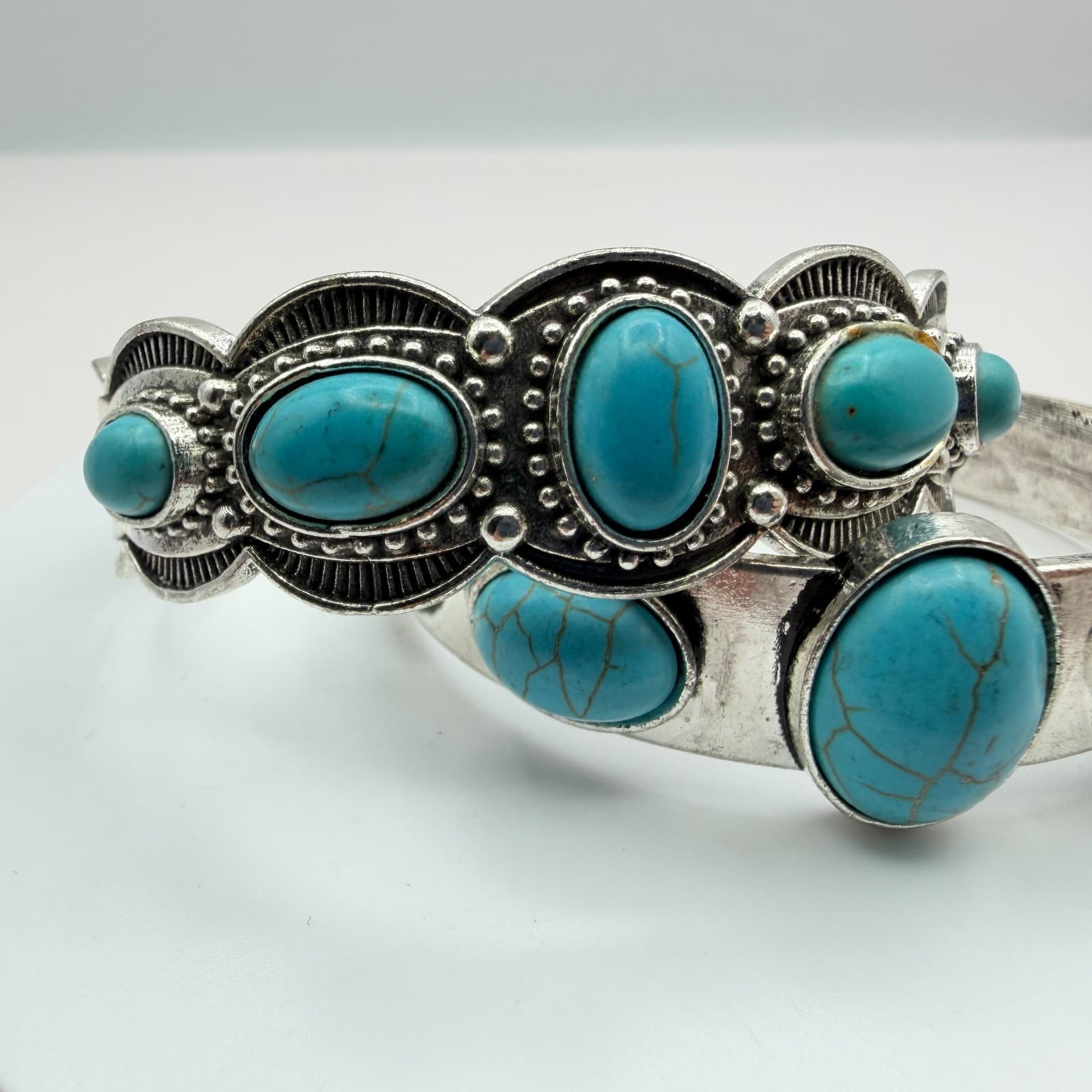 Vintage Y2K Silver Tone Turquoise Beaded Cuff Bracelet Set Boho Women's Jewelry - Thumbnail 6