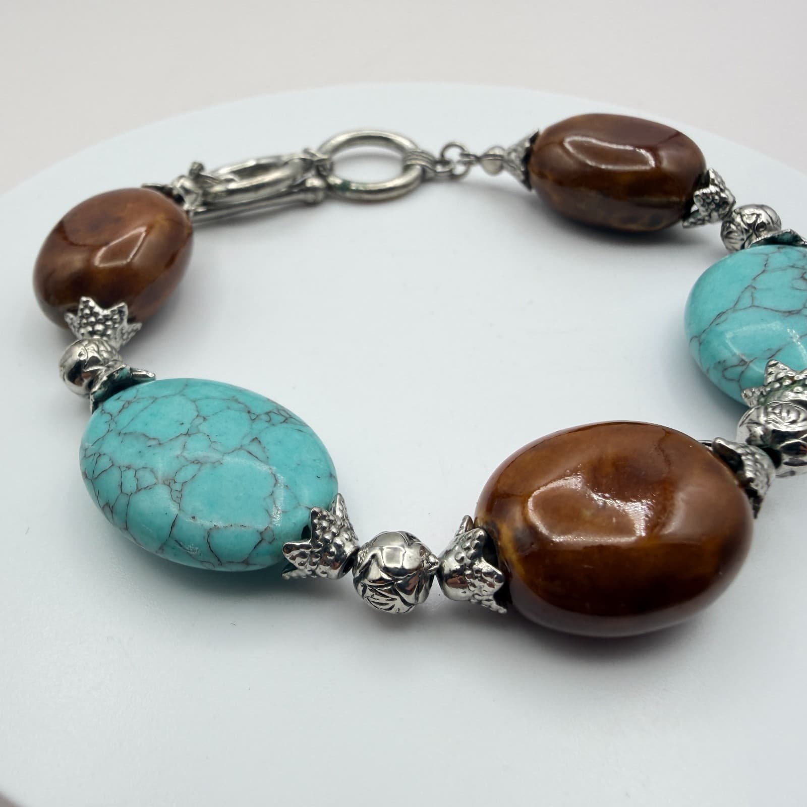 Vintage Y2K Silver Tone Turquoise Beaded Bracelet Boho Women's Classic Jewelry - Thumbnail 6