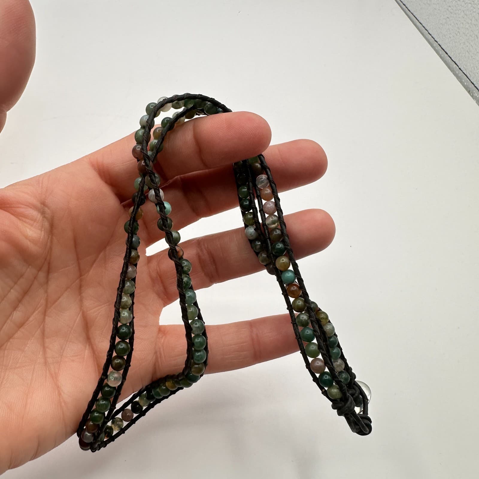 Vintage 90s Necklace Agate Glass Ball Bead Black Leather Boho Women's Jewelry - Thumbnail 8