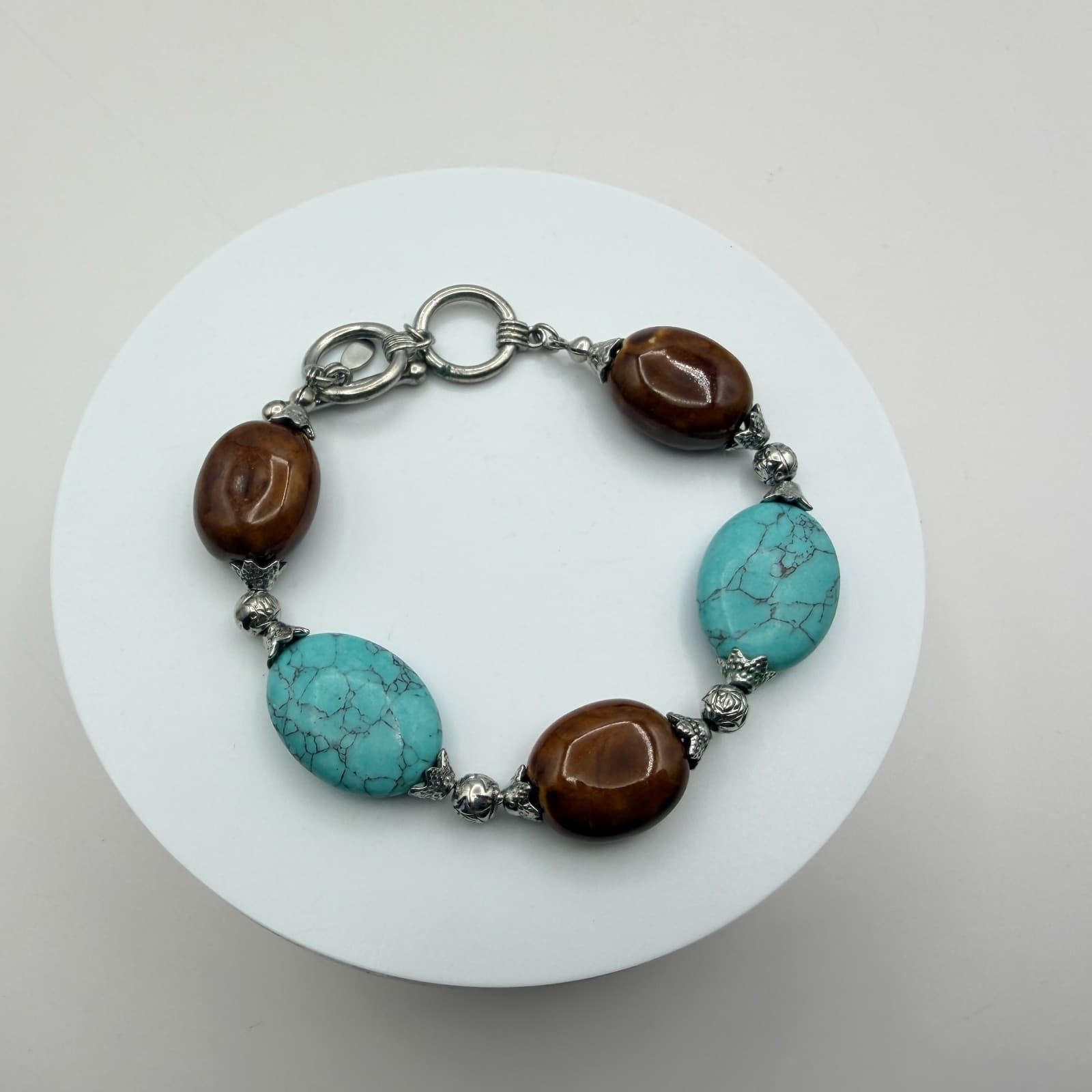 Vintage Y2K Silver Tone Turquoise Beaded Bracelet Boho Women's Classic Jewelry - Thumbnail 8