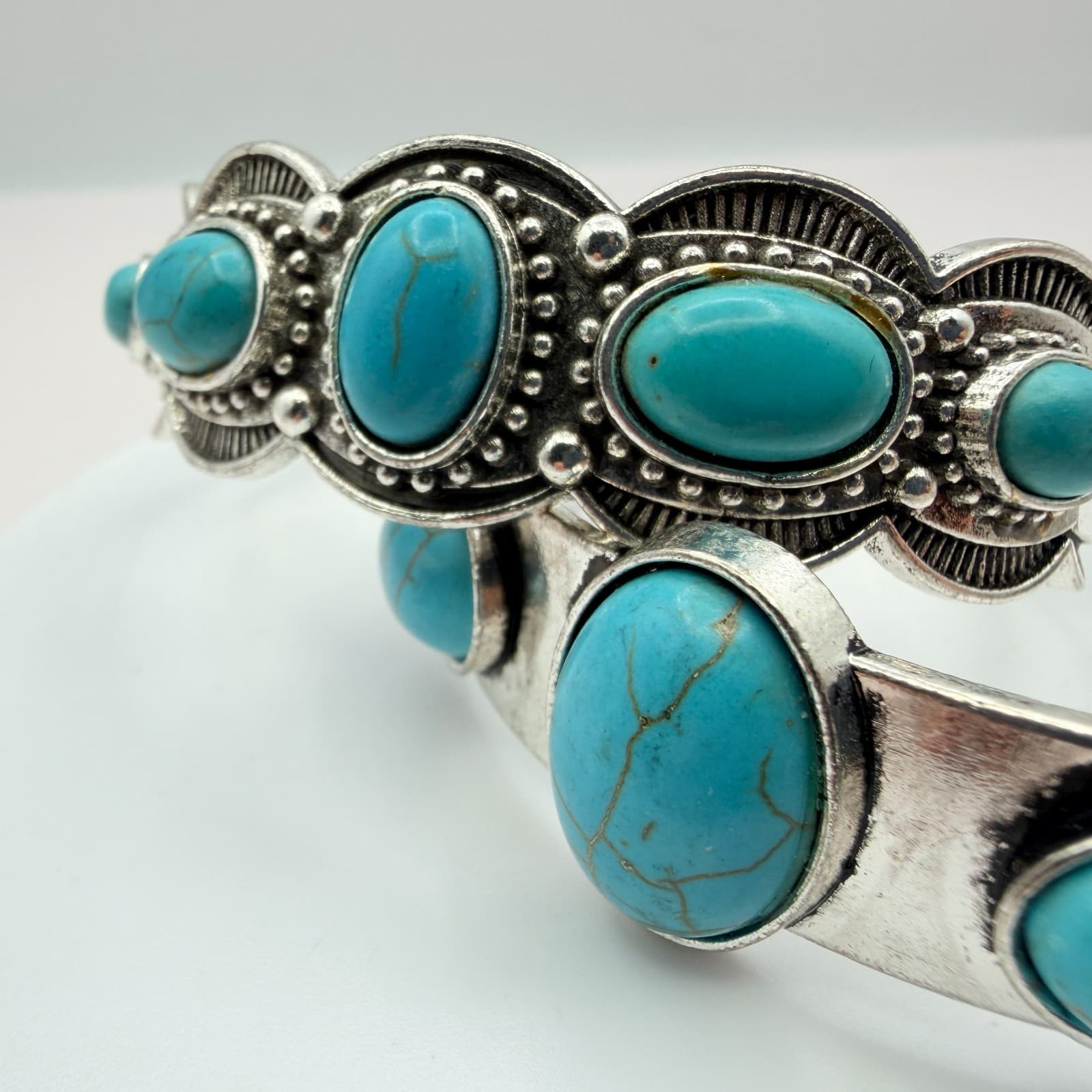 Vintage Y2K Silver Tone Turquoise Beaded Cuff Bracelet Set Boho Women's Jewelry - Thumbnail 7