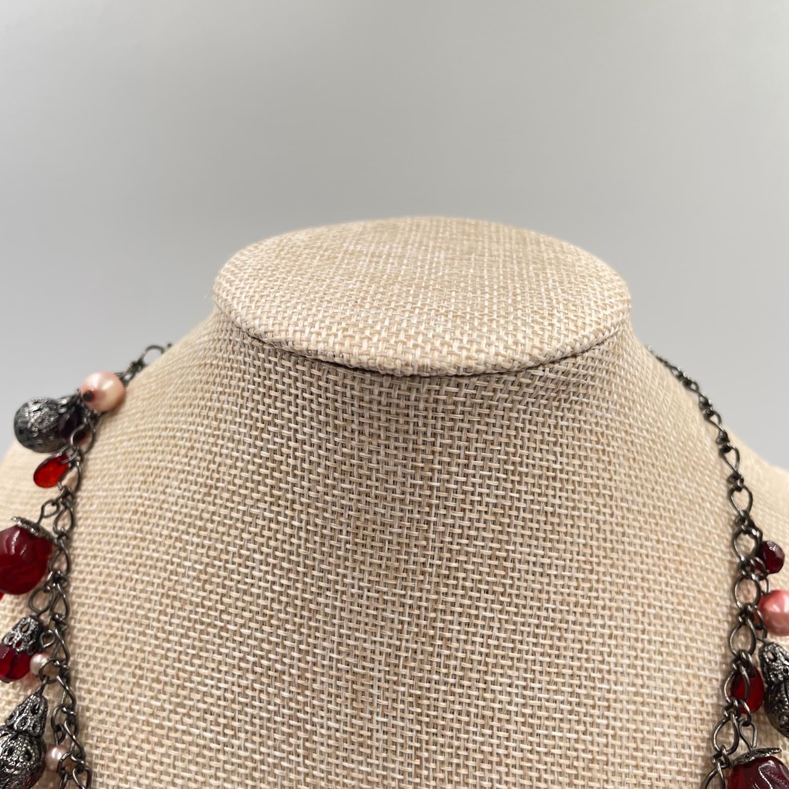 Gunmetal-Tone Chain Filigree Cage Mother Of Pearls Beaded Cluster Charm Necklace - Thumbnail 2