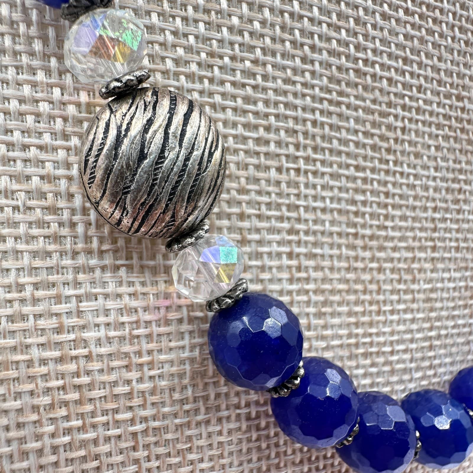 Vintage 90s Cobalt Blue Glass Bead Statement Necklace Silver Tone Boho Jewelry - Thumbnail 4