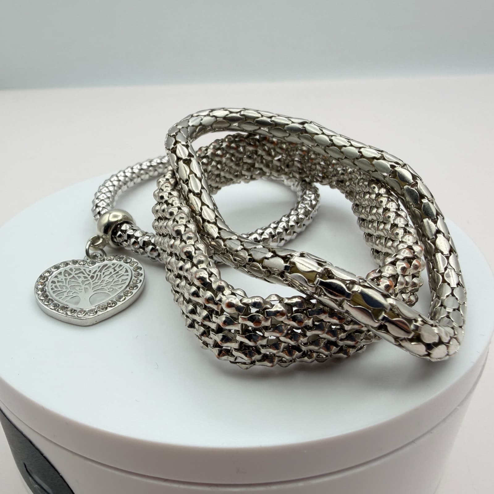 Vintage Y2K Silver Tone Tree of Life Heart Charm Mesh Bracelet Women's Jewelry - Thumbnail 5