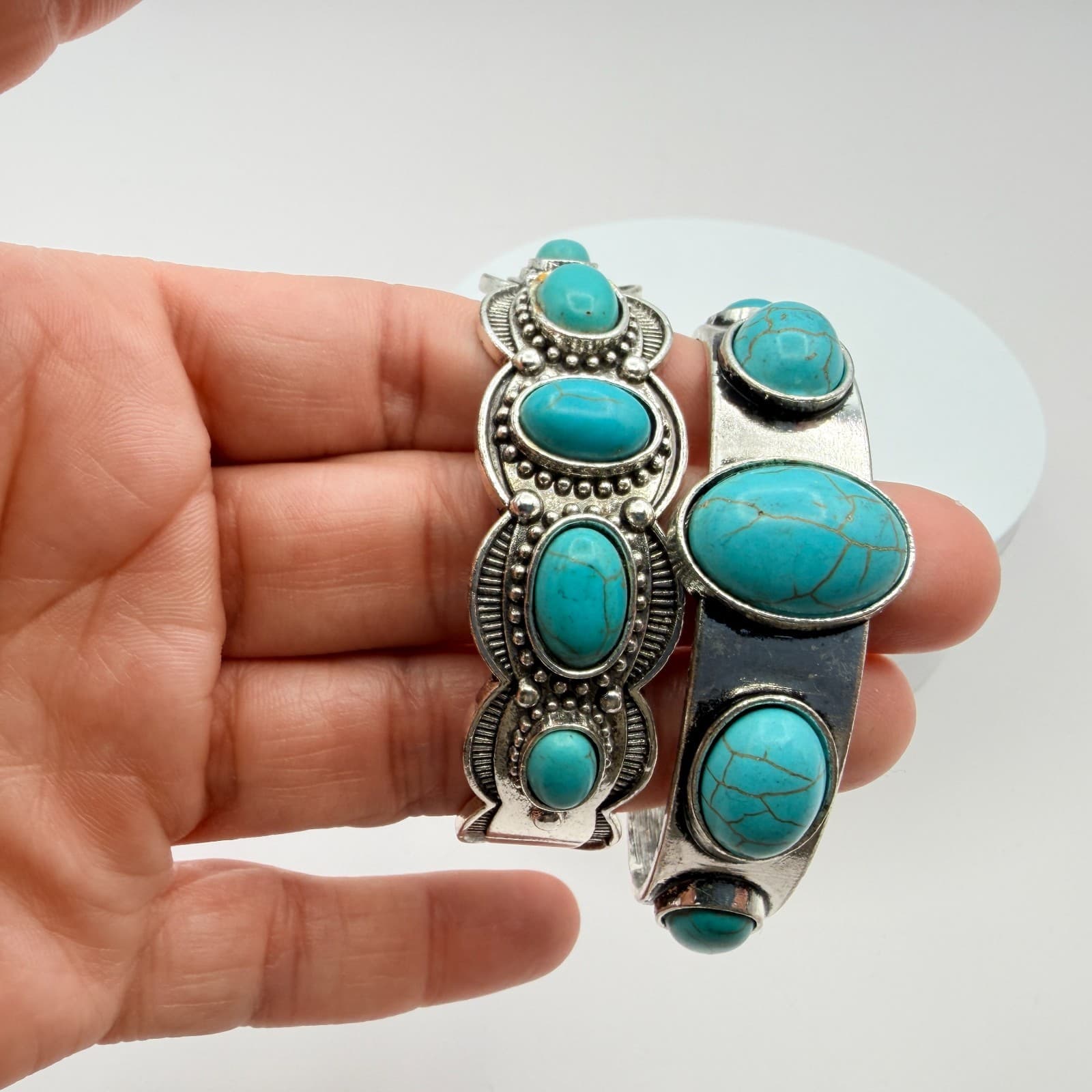 Vintage Y2K Silver Tone Turquoise Beaded Cuff Bracelet Set Boho Women's Jewelry - Thumbnail 9