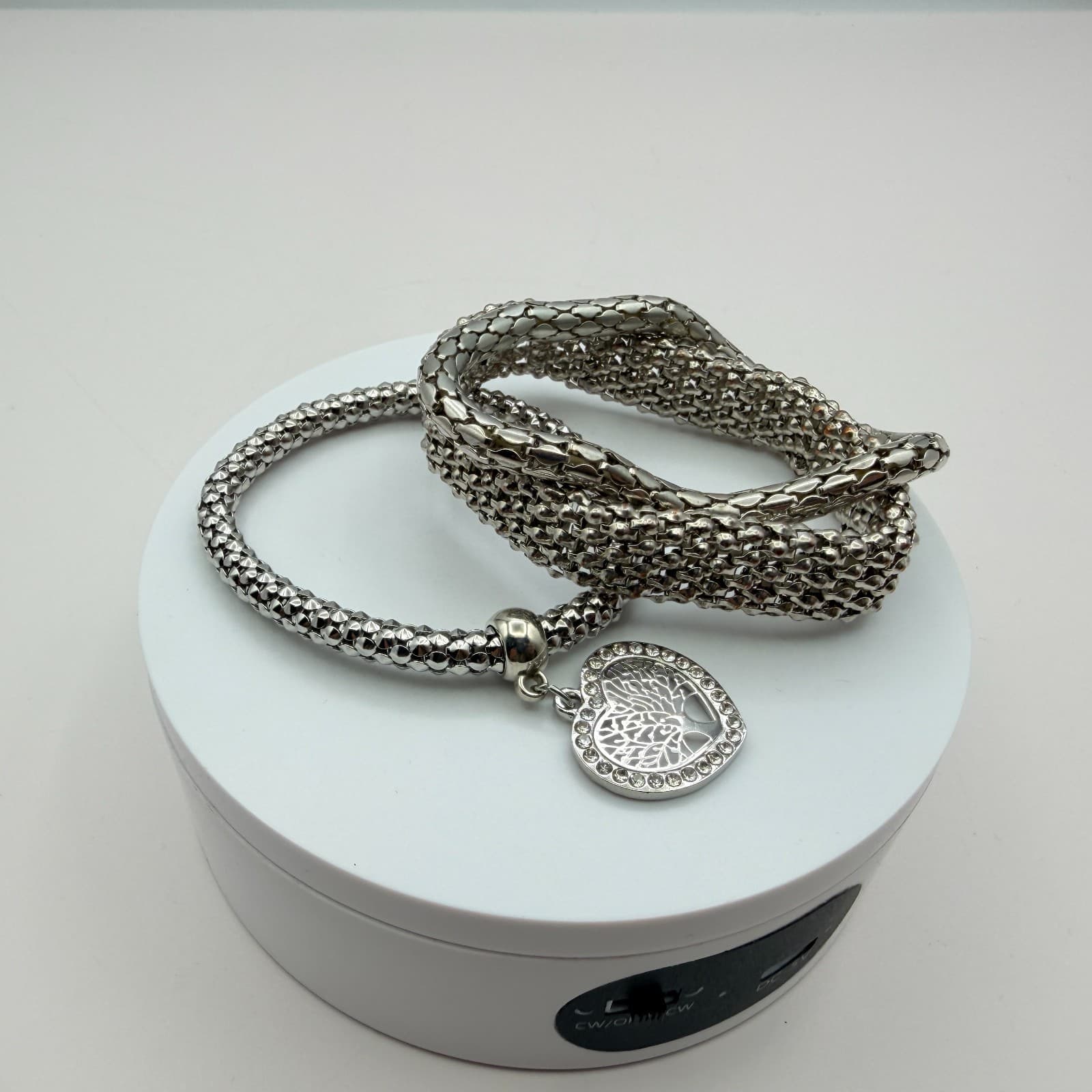 Vintage Y2K Silver Tone Tree of Life Heart Charm Mesh Bracelet Women's Jewelry - Thumbnail 2