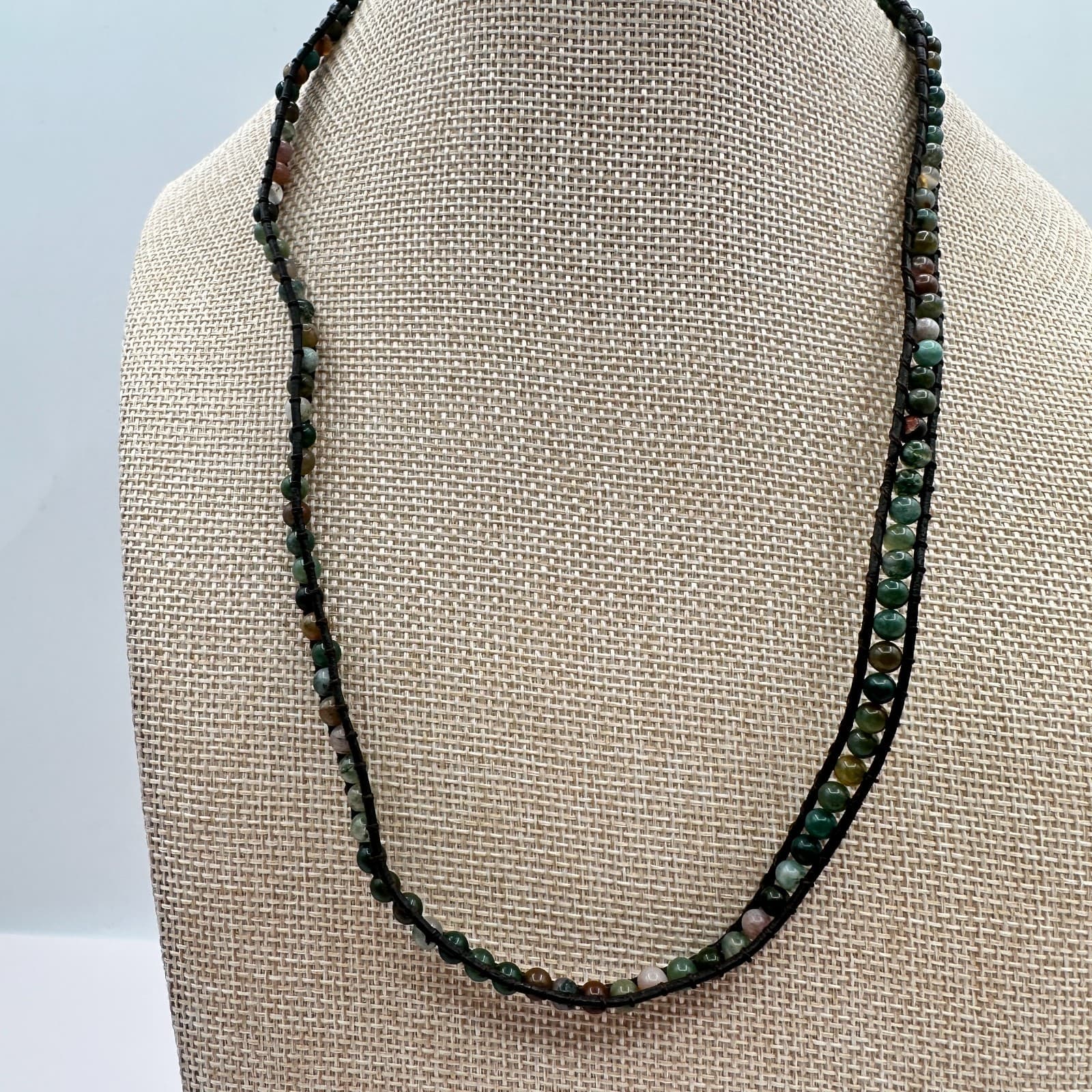 Vintage 90s Necklace Agate Glass Ball Bead Black Leather Boho Women's Jewelry - Thumbnail 5