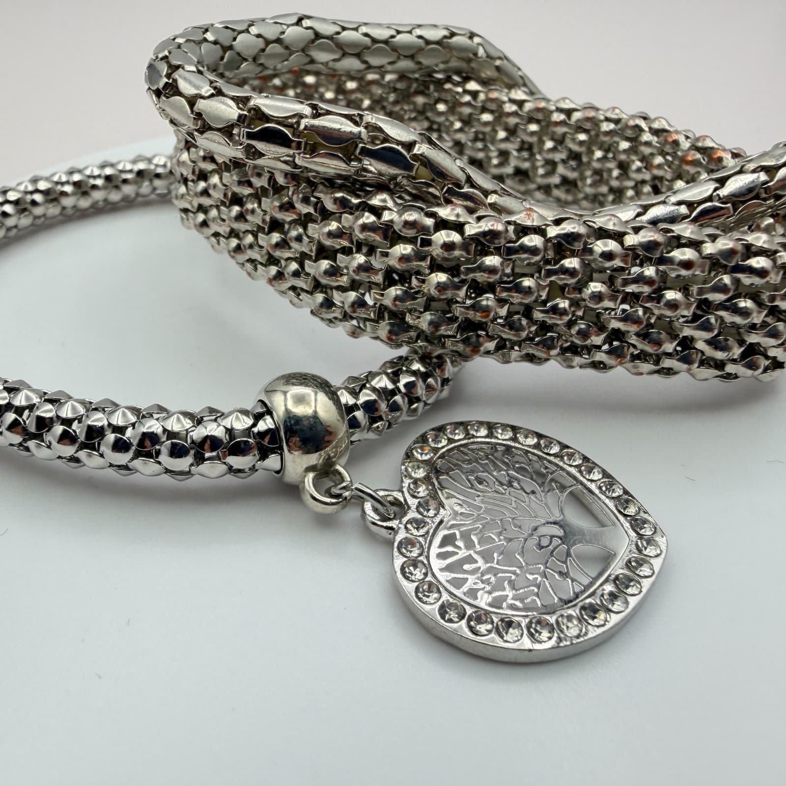 Vintage Y2K Silver Tone Tree of Life Heart Charm Mesh Bracelet Women's Jewelry - Thumbnail 3