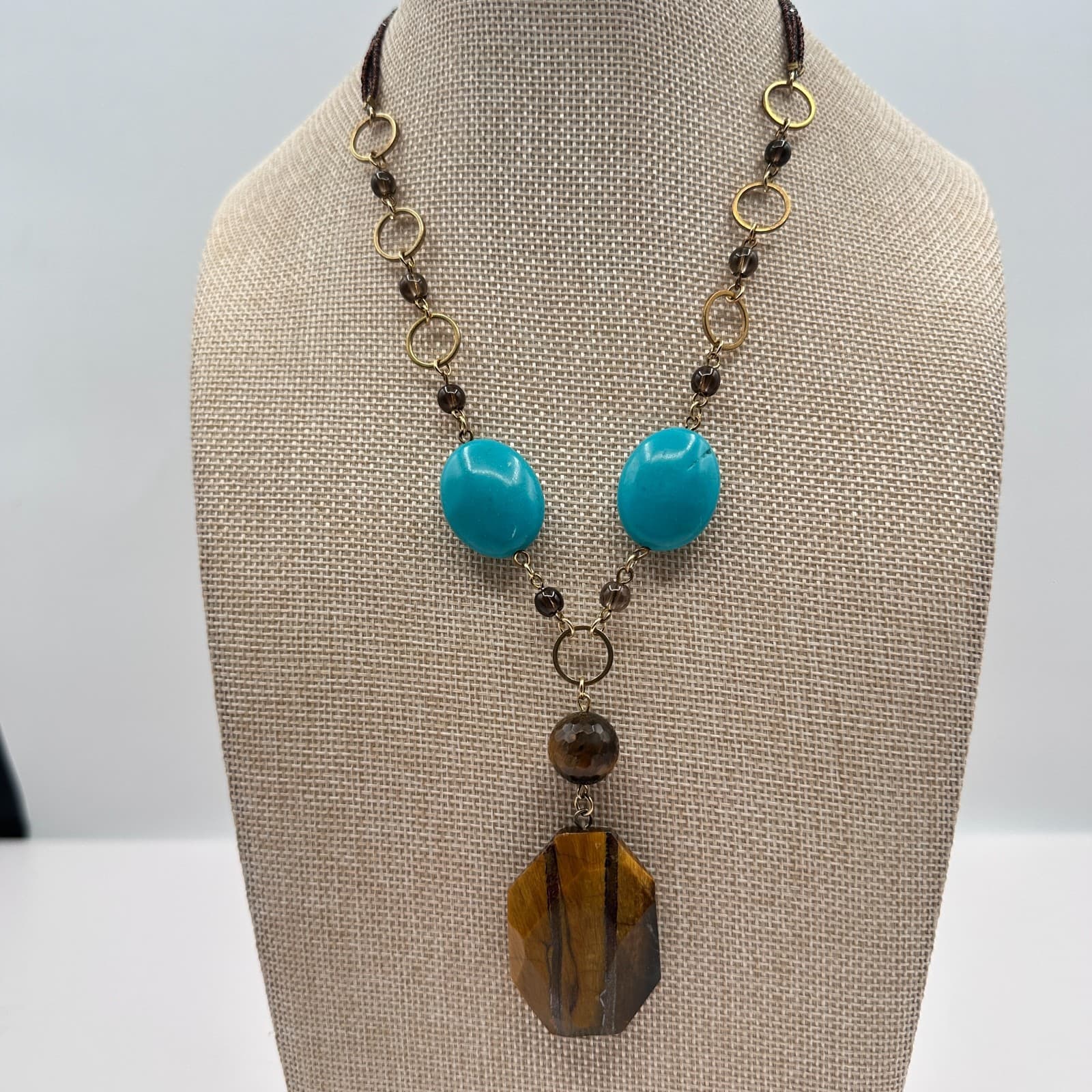 Vintage 90s Turquoise Glass Bead Statement Necklace Boho Fashion Women's Jewelry - Thumbnail 2
