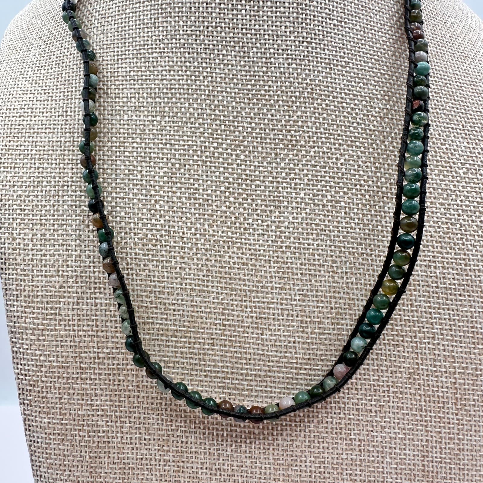 Vintage 90s Necklace Agate Glass Ball Bead Black Leather Boho Women's Jewelry - Thumbnail 2