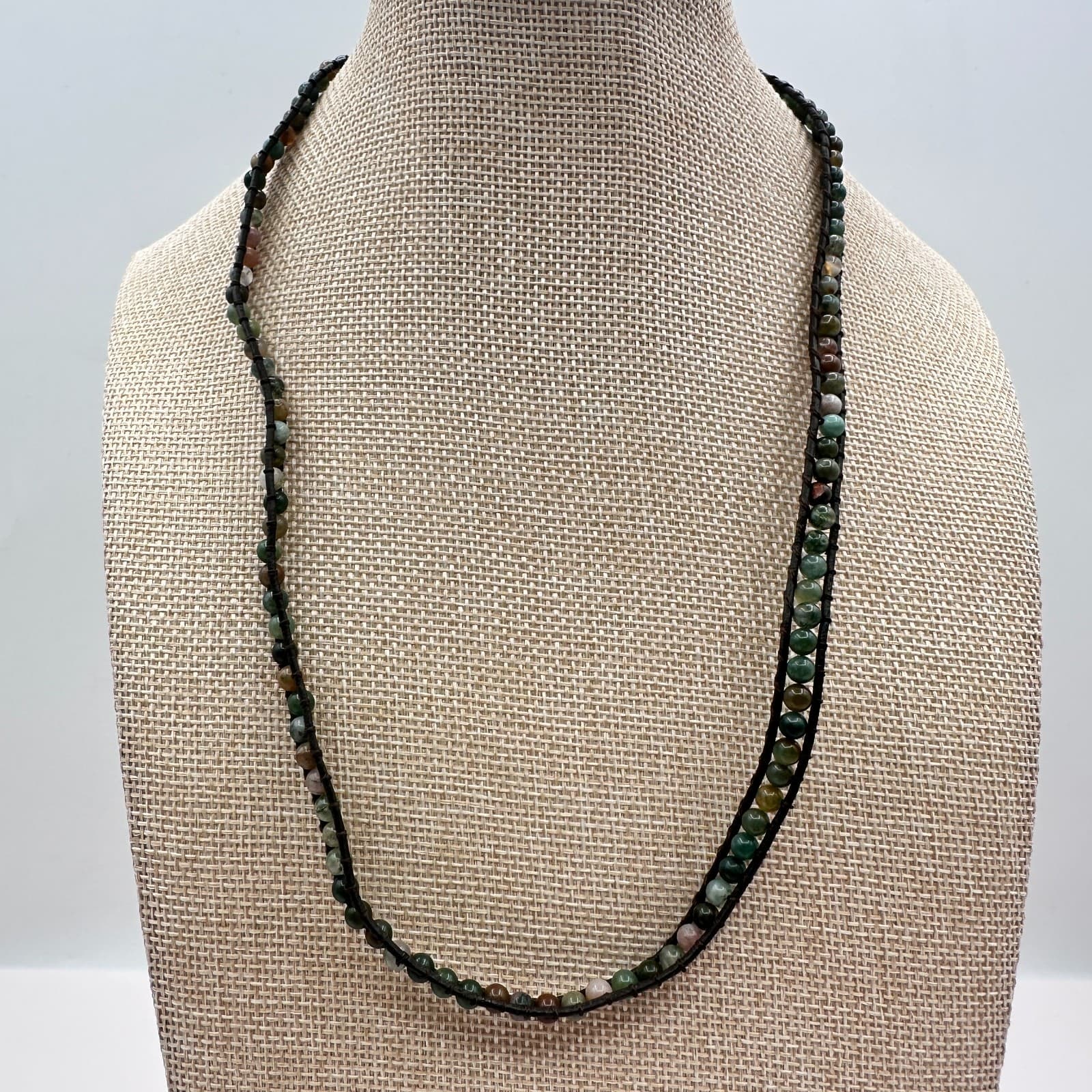 Vintage 90s Necklace Agate Glass Ball Bead Black Leather Boho Women's Jewelry - Thumbnail 6