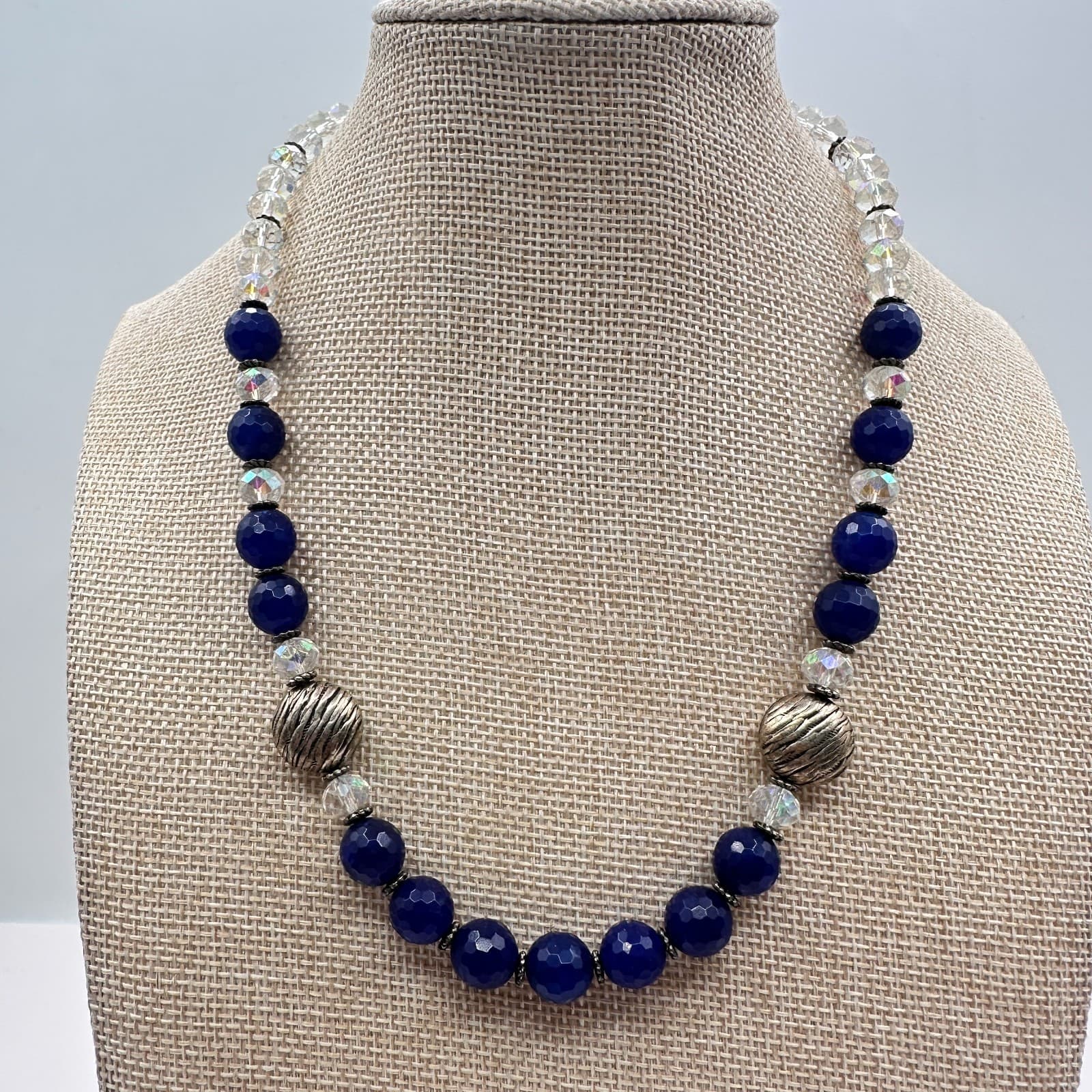 Vintage 90s Cobalt Blue Glass Bead Statement Necklace Silver Tone Boho Jewelry - Thumbnail 6