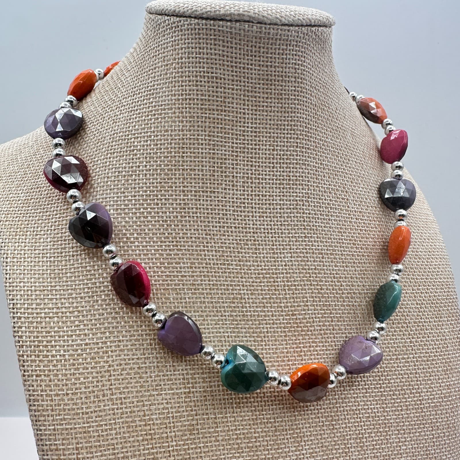 Vintage Y2K Faceted Heart Bead Statement Necklace Silver Tone Accents Jewelry - Thumbnail 6