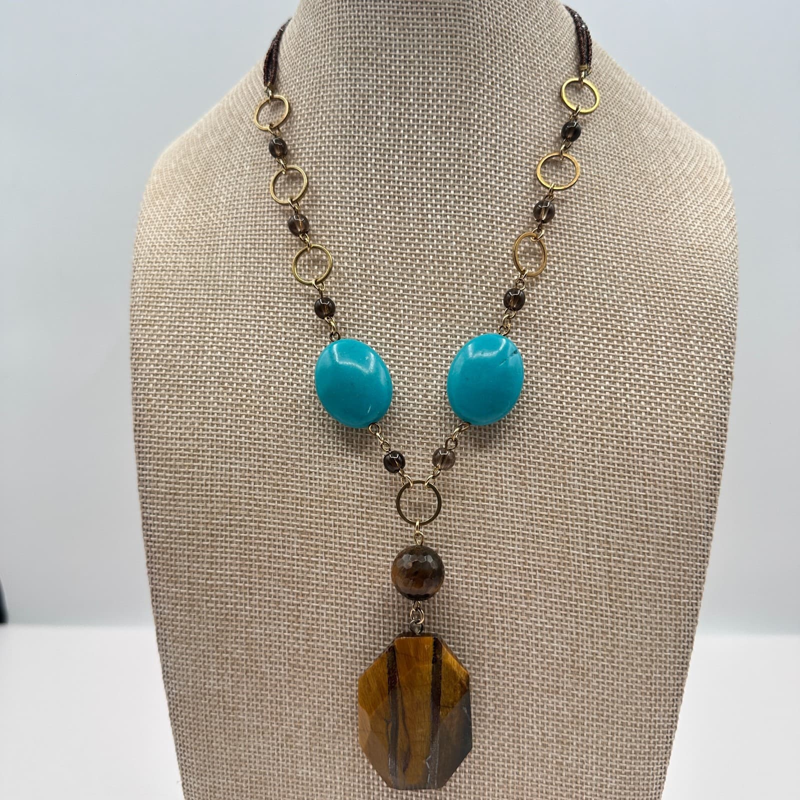 Vintage 90s Turquoise Glass Bead Statement Necklace Boho Fashion Women's Jewelry - Thumbnail 6