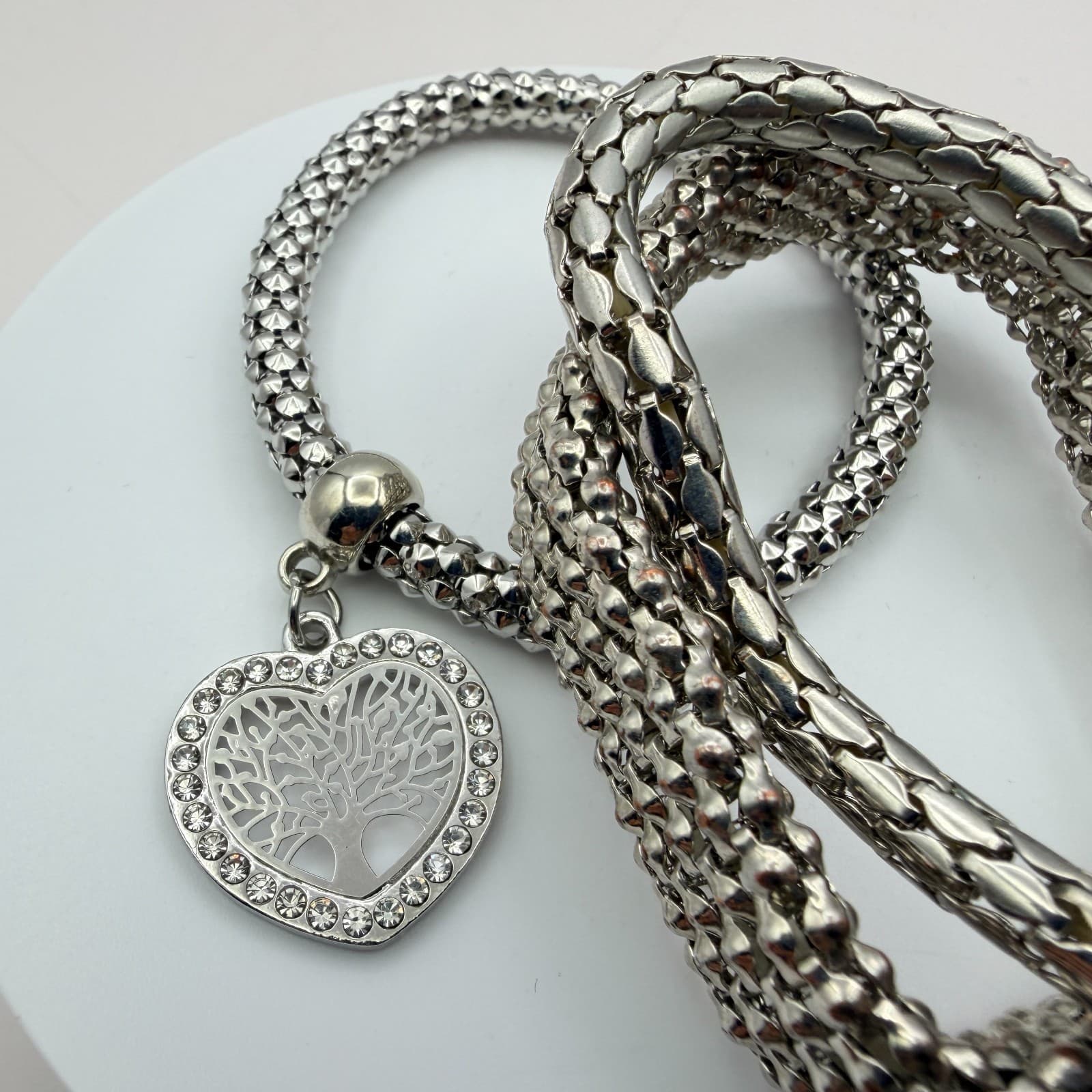 Vintage Y2K Silver Tone Tree of Life Heart Charm Mesh Bracelet Women's Jewelry - Thumbnail 7