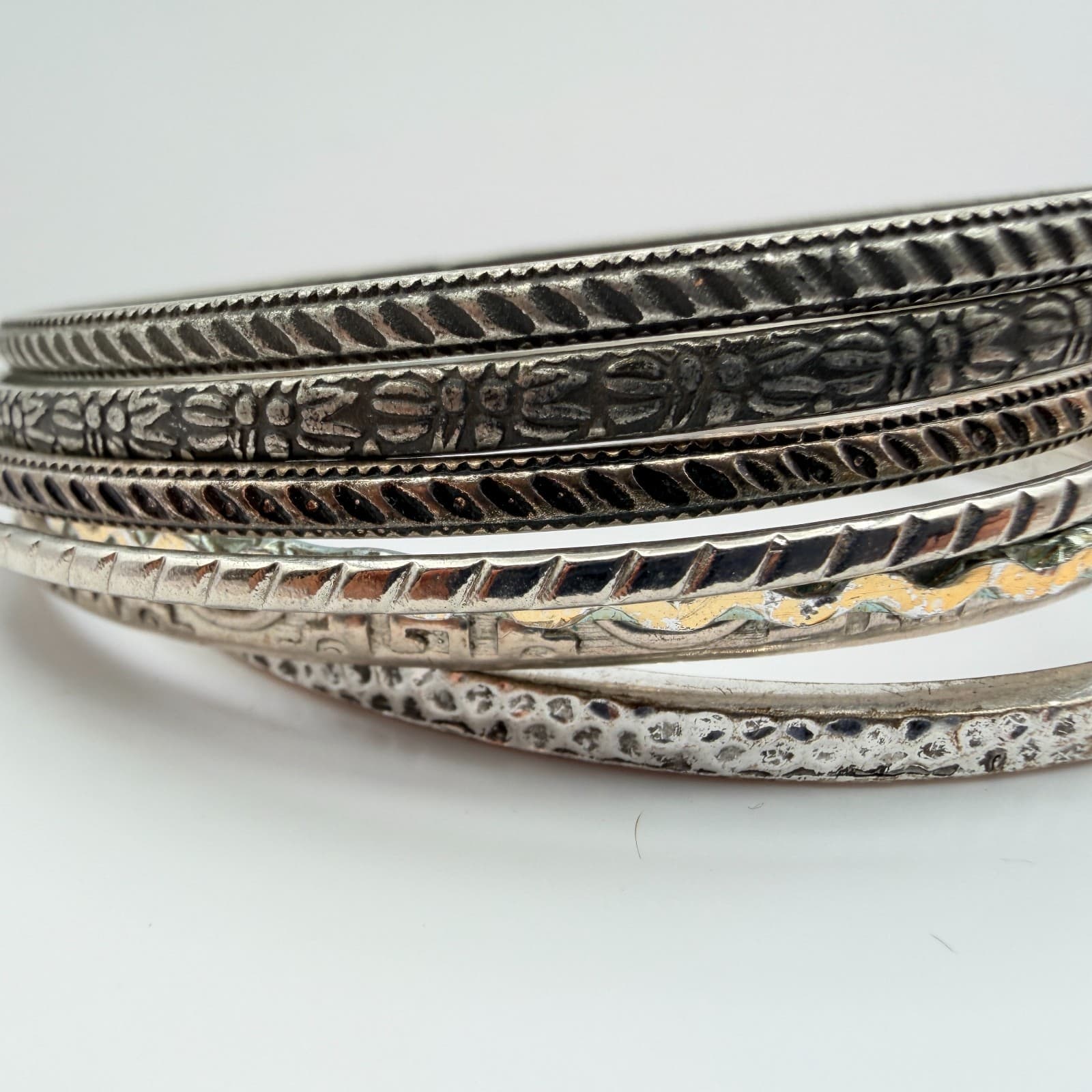 Vintage Y2K Silver Tone Textured Bangle Set Boho Women's Classic Jewelry - Thumbnail 5