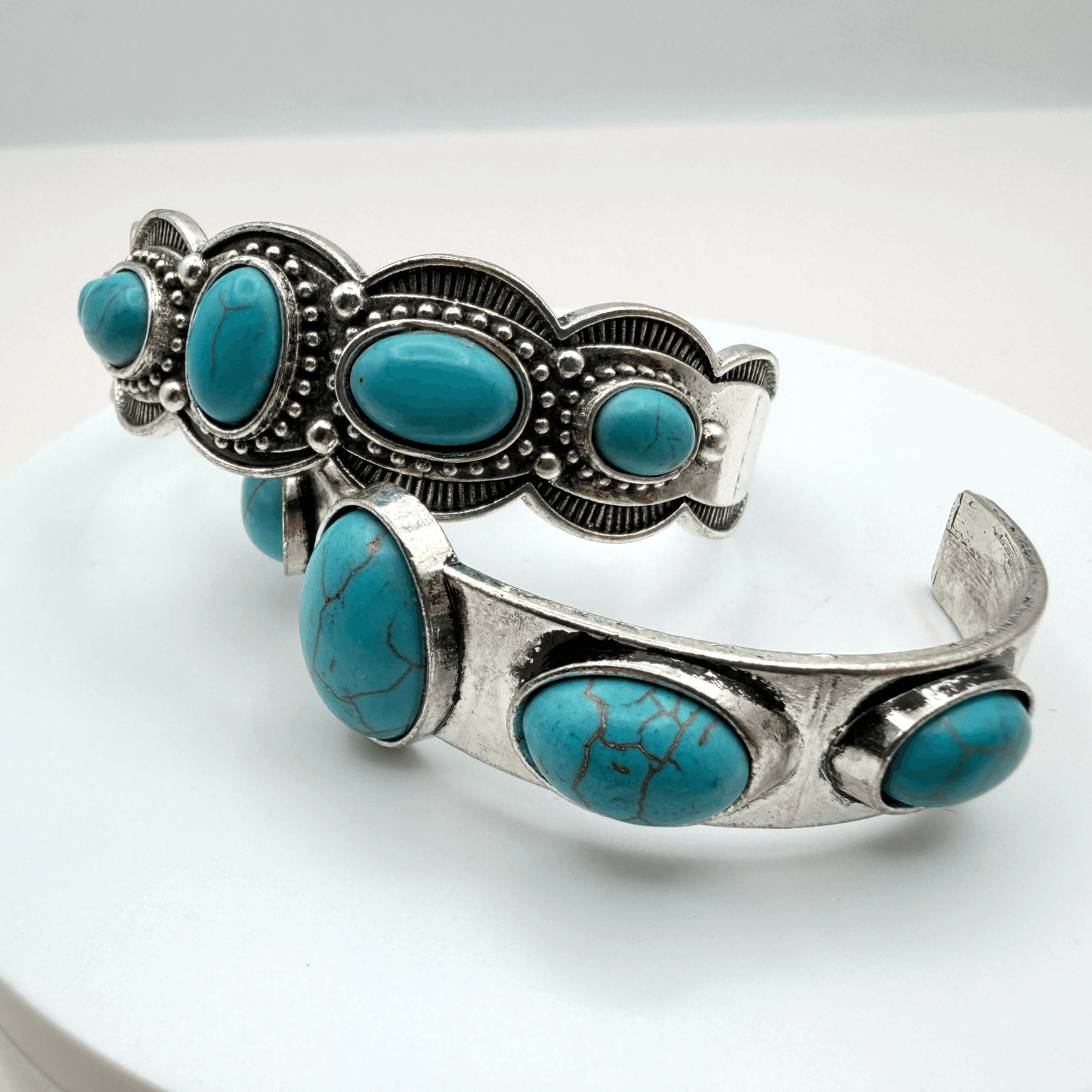 Vintage Y2K Silver Tone Turquoise Beaded Cuff Bracelet Set Boho Women's Jewelry - Thumbnail 2