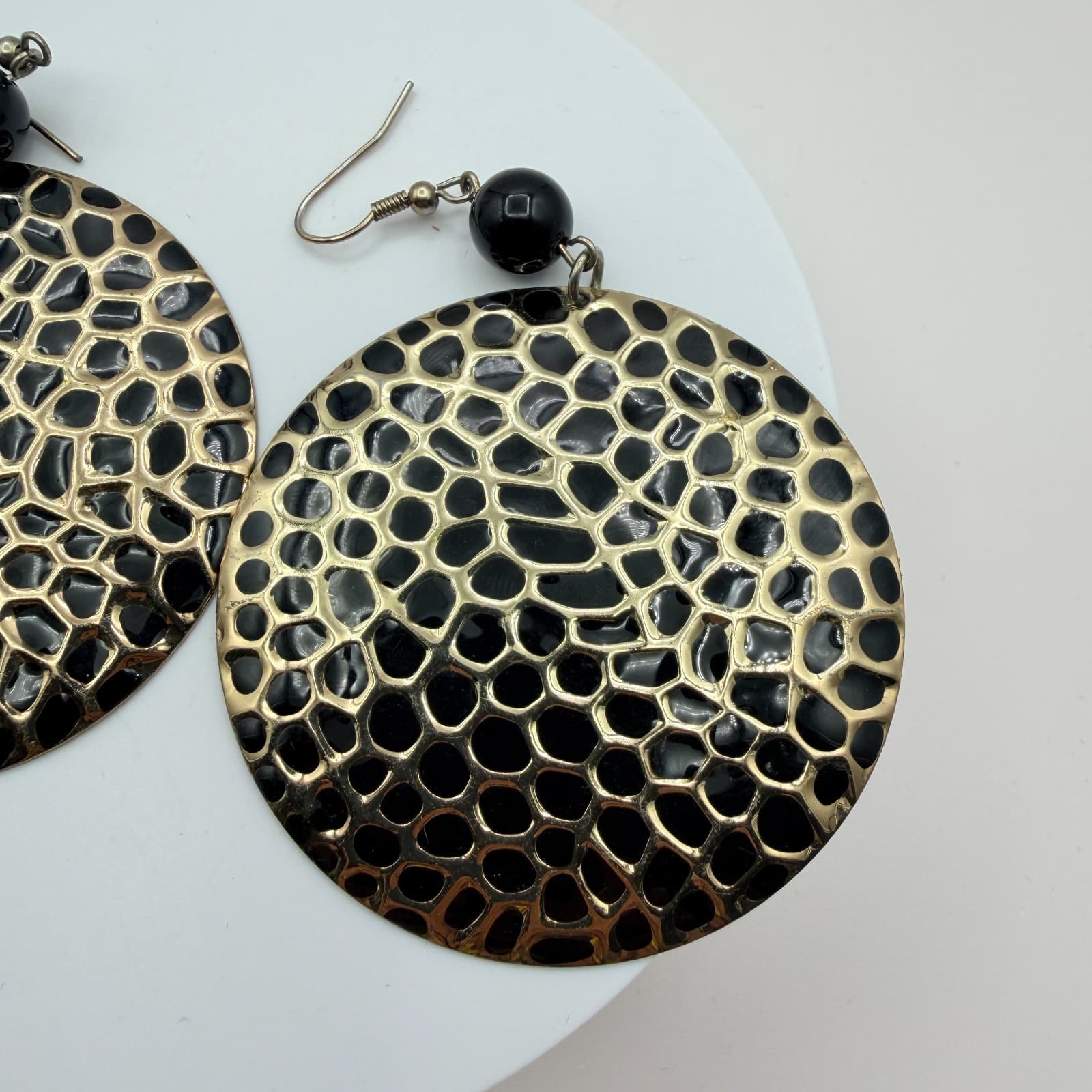 Vintage Y2K Gold Tone Hammered Disk Dangle Earrings Women's Classic Jewelry - Thumbnail 3