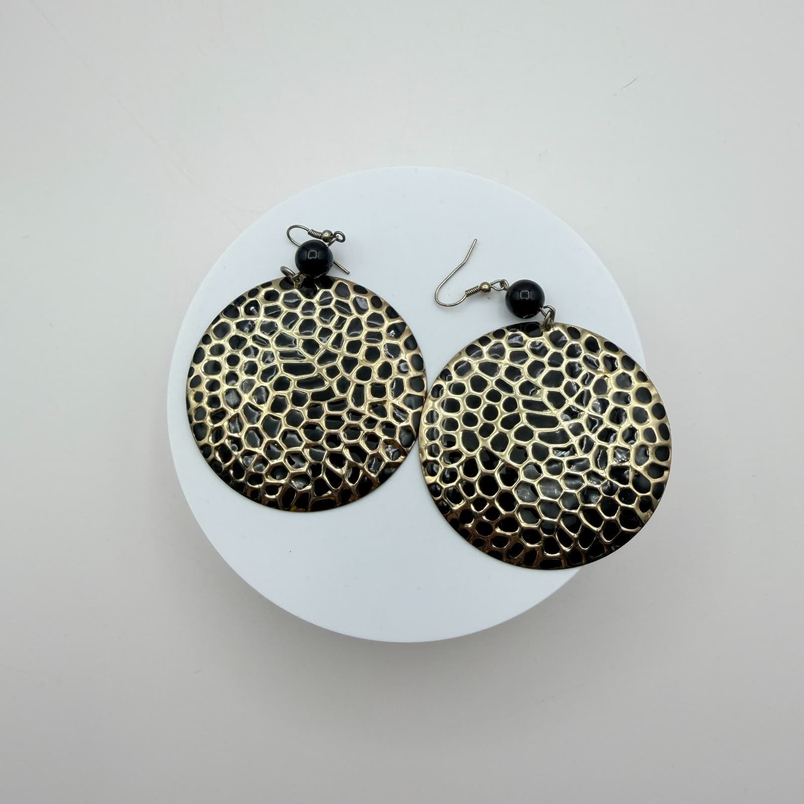 Vintage Y2K Gold Tone Hammered Disk Dangle Earrings Women's Classic Jewelry - Thumbnail 2