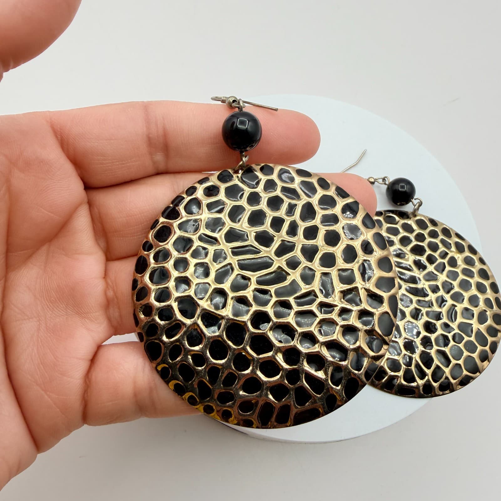 Vintage Y2K Gold Tone Hammered Disk Dangle Earrings Women's Classic Jewelry - Thumbnail 4