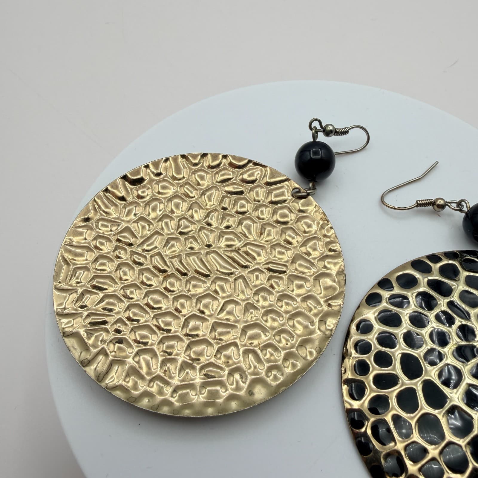 Vintage Y2K Gold Tone Hammered Disk Dangle Earrings Women's Classic Jewelry - Thumbnail 6