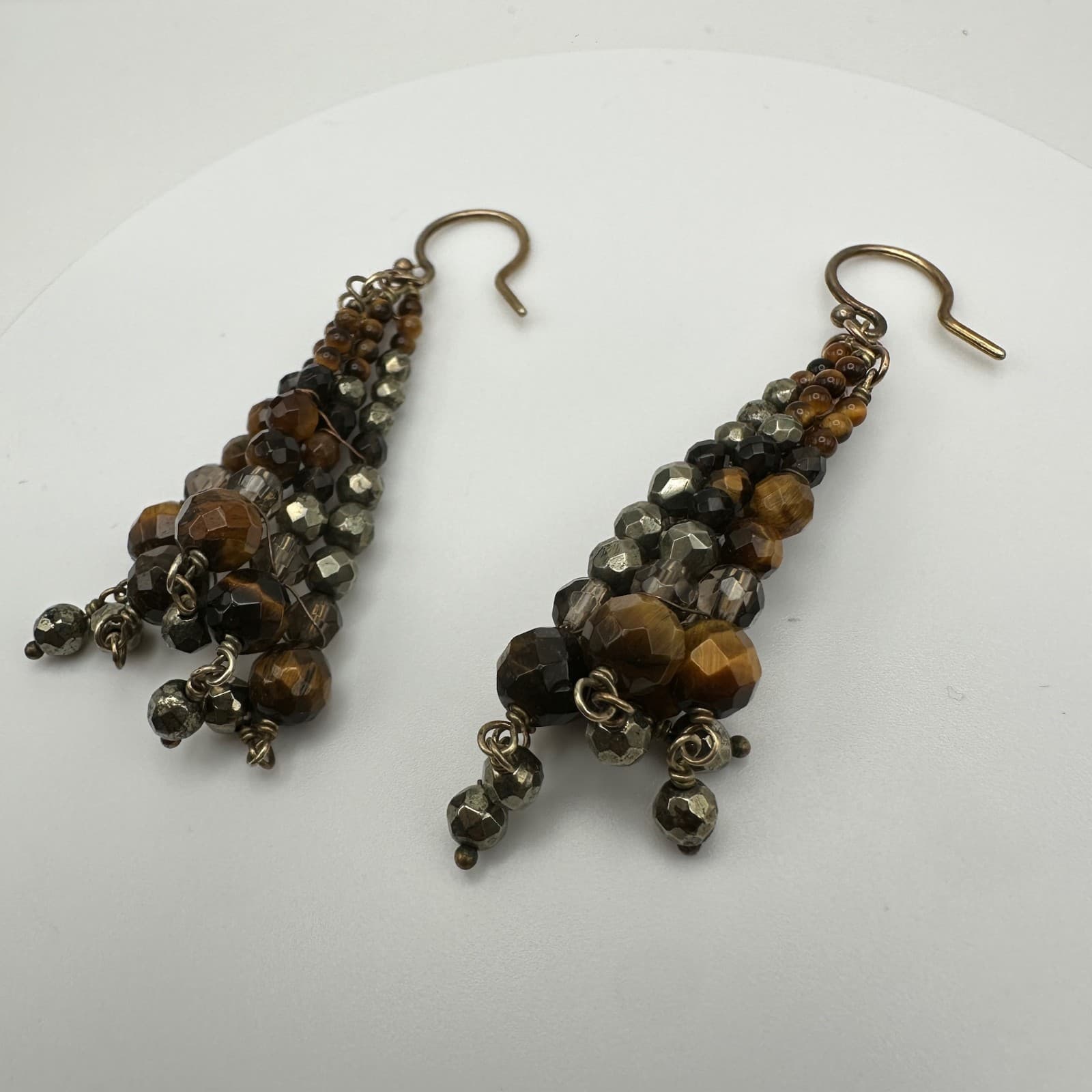 Vintage 90s Beaded Cluster Dangle Earrings Brown Gold-Tone Boho Drop Hook - Thumbnail 5