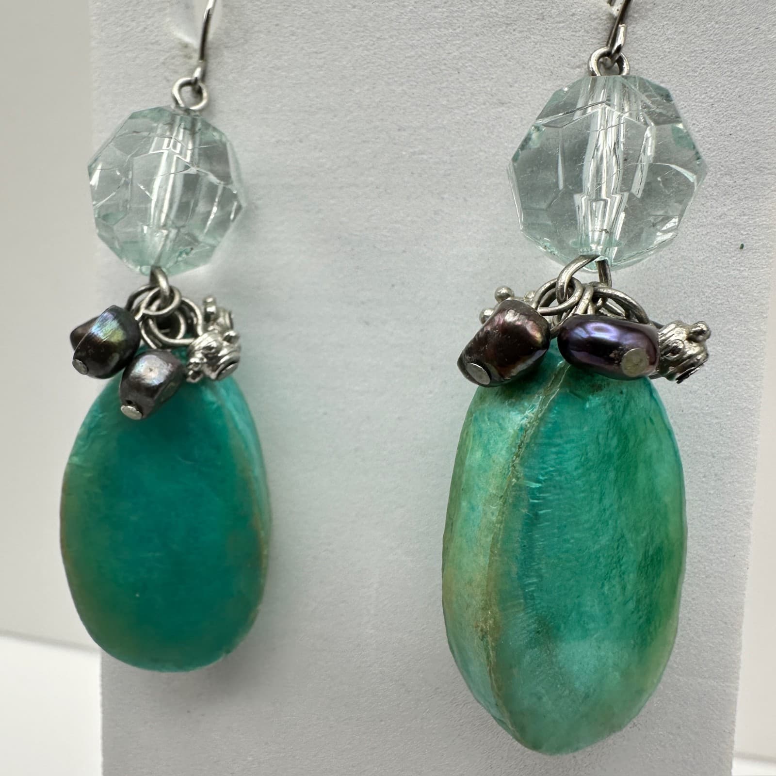 Vintage Y2K 90s Boho Earrings Green Drop Bead & Faux Pearl Crystal Hook Jewelry - Thumbnail 4