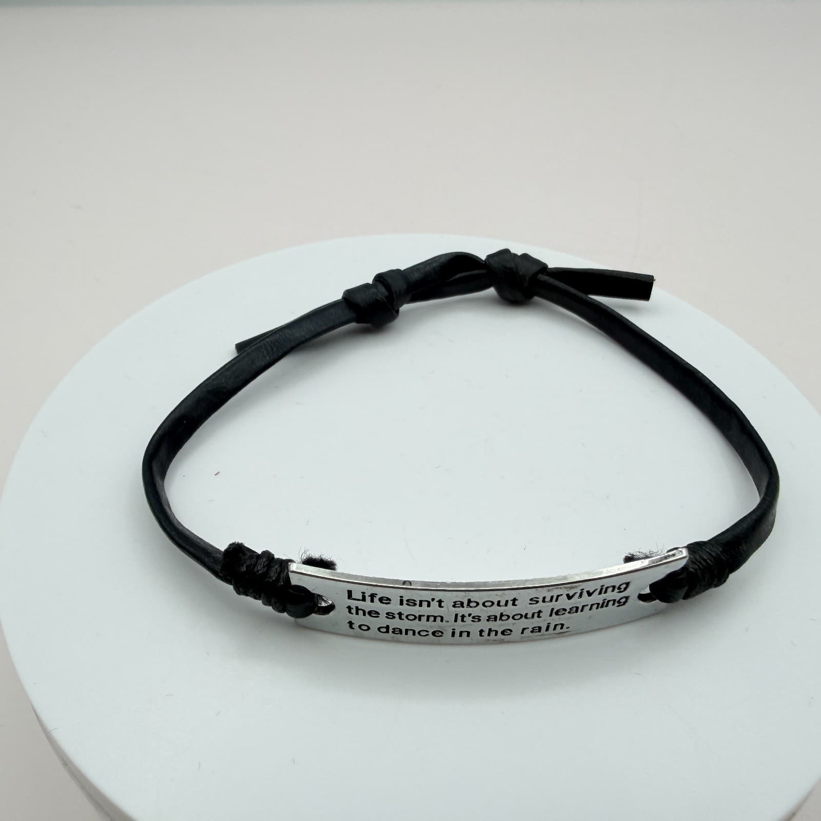 Vintage Y2K Silver Tone Leather Bracelet Inspirational Unisex Classic Jewelry - Thumbnail 3