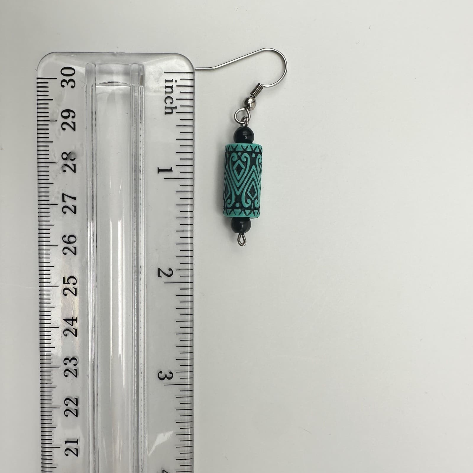 Vintage 90s Boho Teal Cylinder Drop Earrings Black Accents Tribal Pattern - Thumbnail 7