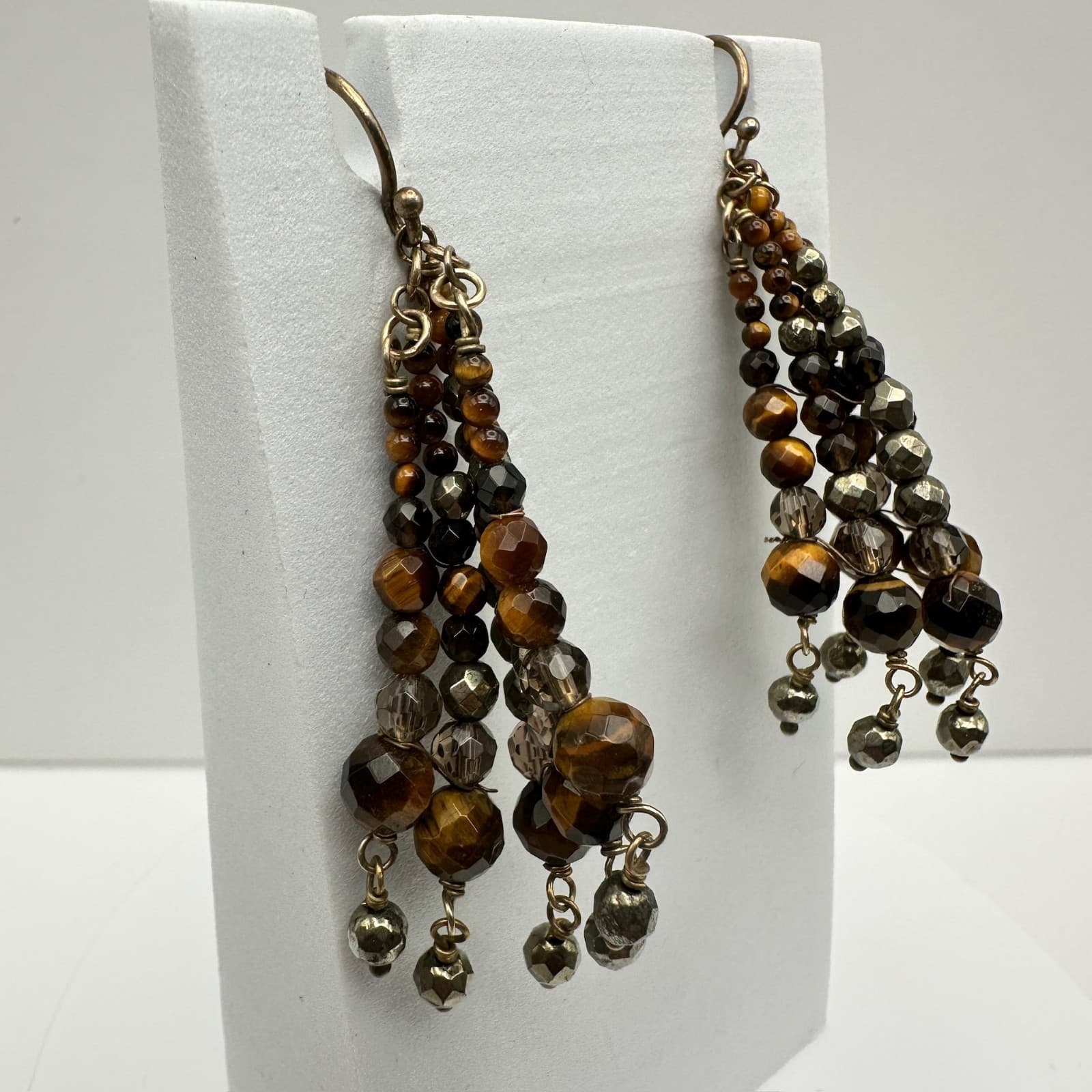 Vintage 90s Beaded Cluster Dangle Earrings Brown Gold-Tone Boho Drop Hook - Thumbnail 2
