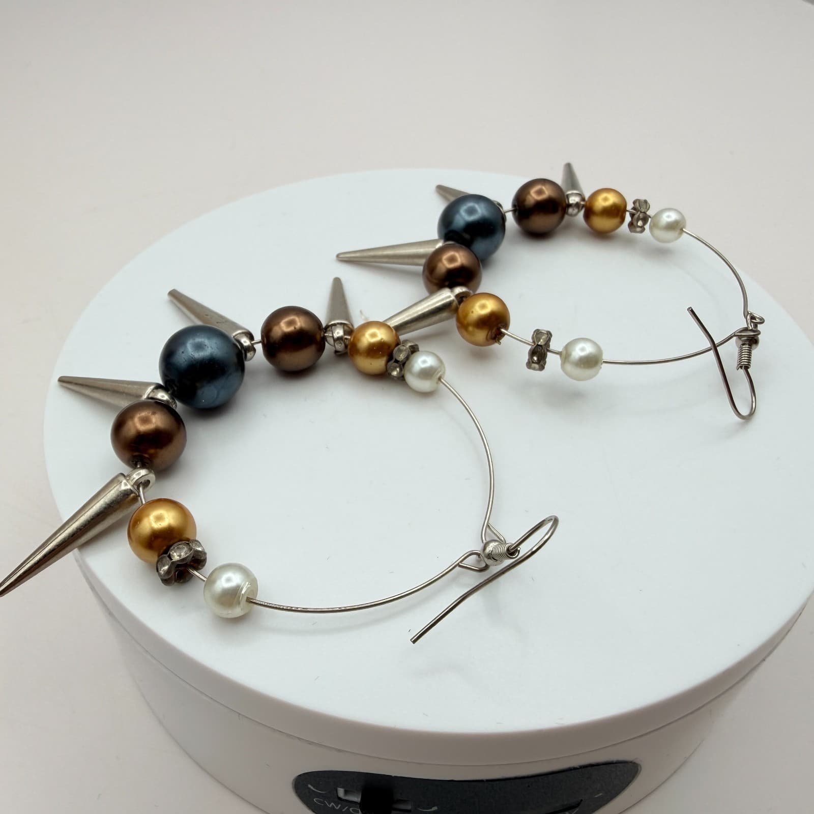 Vintage Y2K Faux Pearl Beaded Spike Hoop Earrings Women's Classic Jewelry - Thumbnail 6