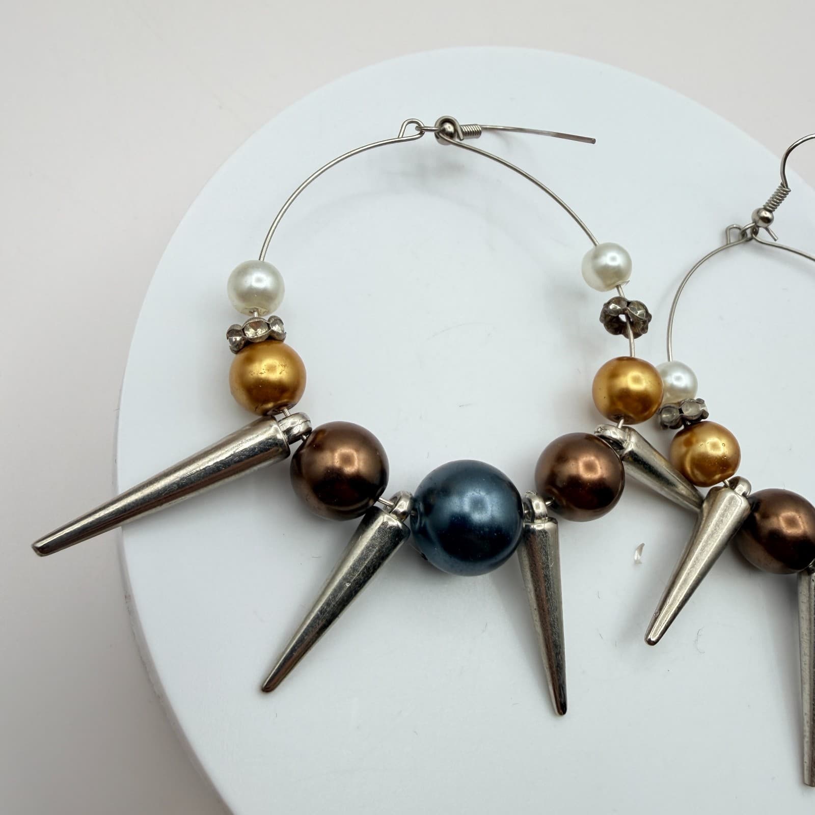 Vintage Y2K Faux Pearl Beaded Spike Hoop Earrings Women's Classic Jewelry - Thumbnail 3