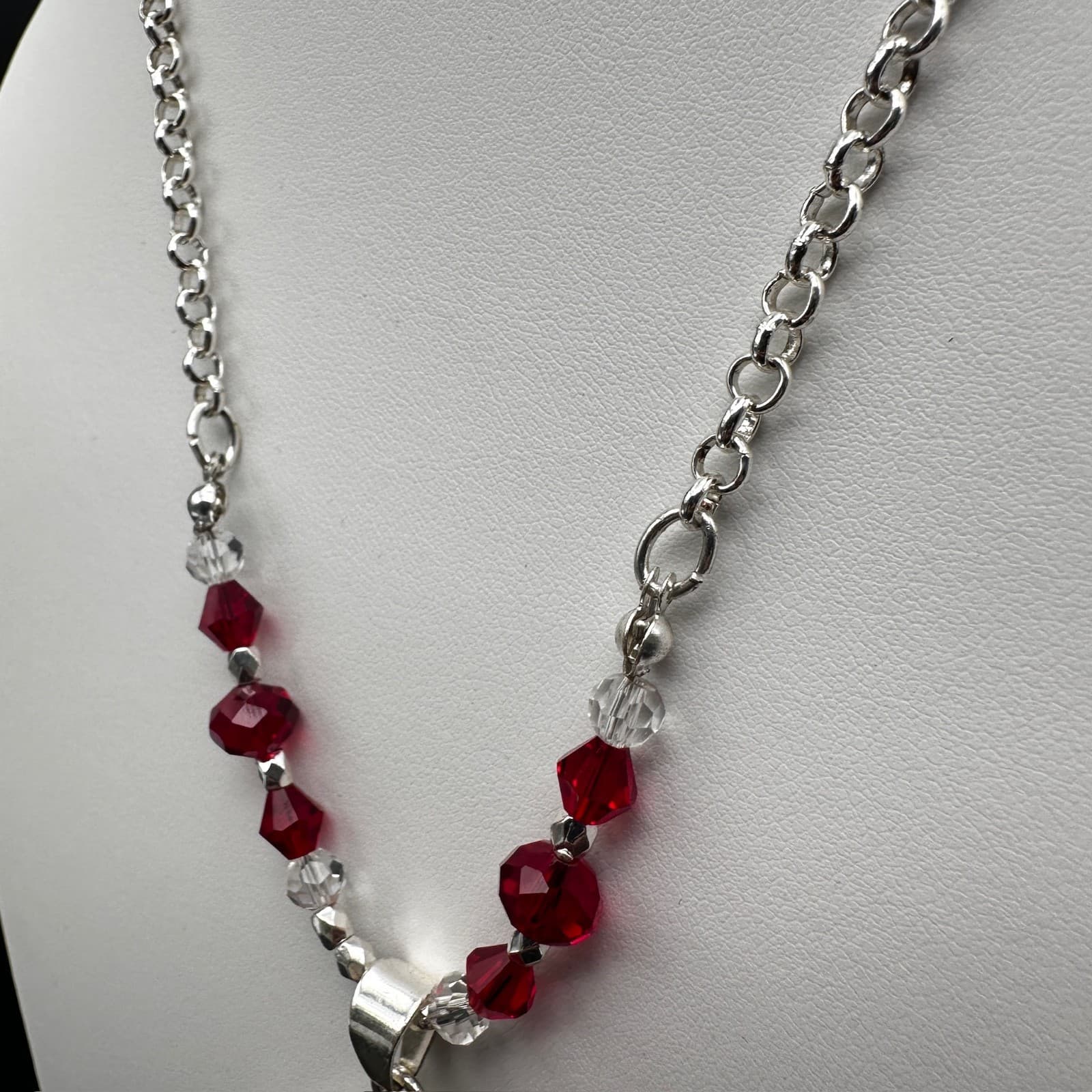 Vintage 90s Red Crystal Teardrop Pendant Necklace Silver Tone Beaded Chain - Thumbnail 8
