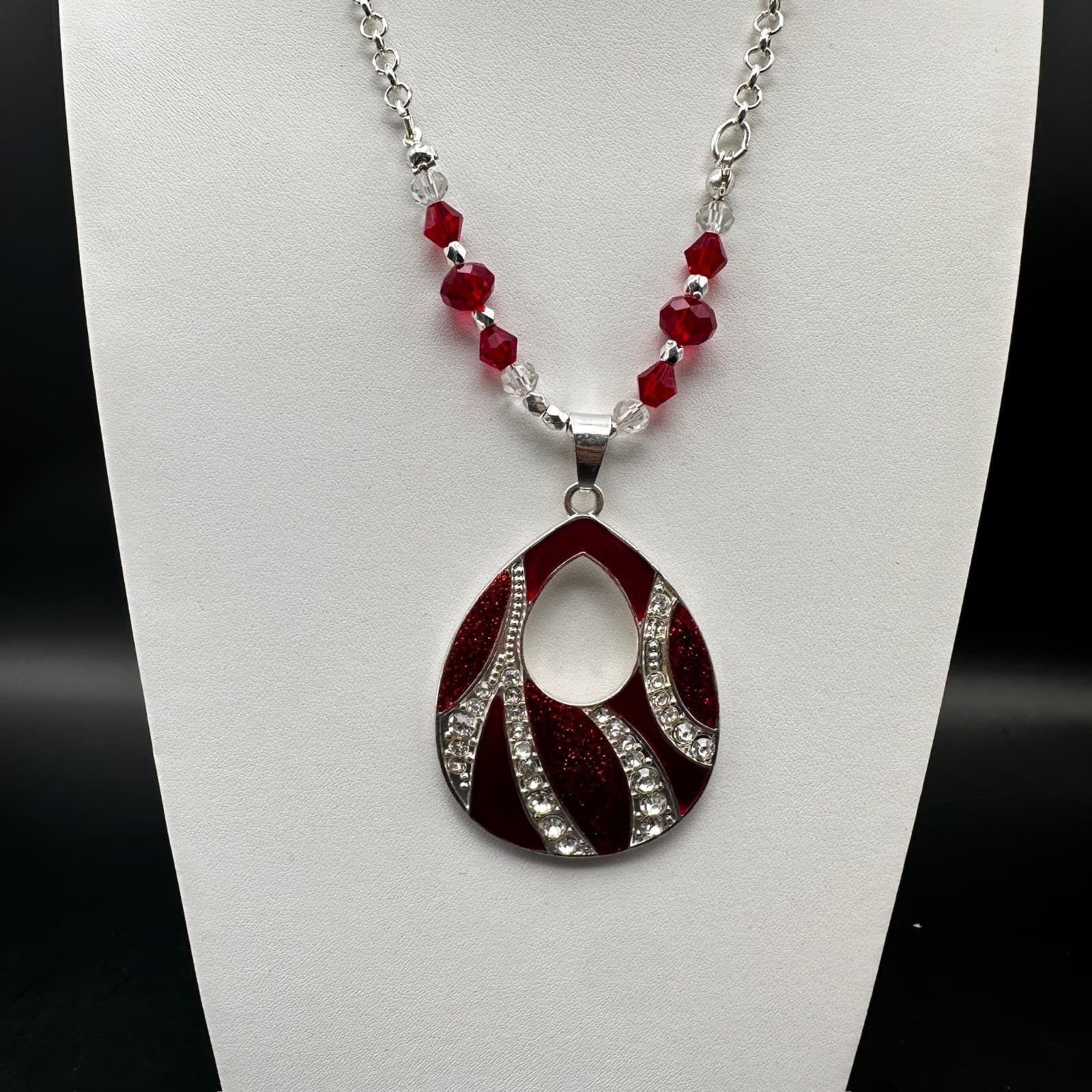 Vintage 90s Red Crystal Teardrop Pendant Necklace Silver Tone Beaded Chain - Image 1
