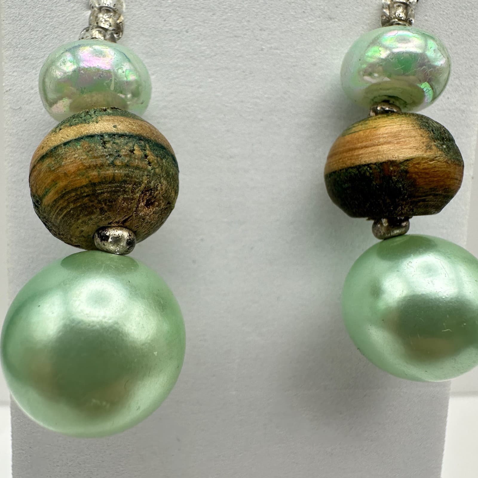 Vintage 90S Mint Green Faux Pearl & Wood Bead Drop Earrings Boho Women's Jewelry - Thumbnail 4