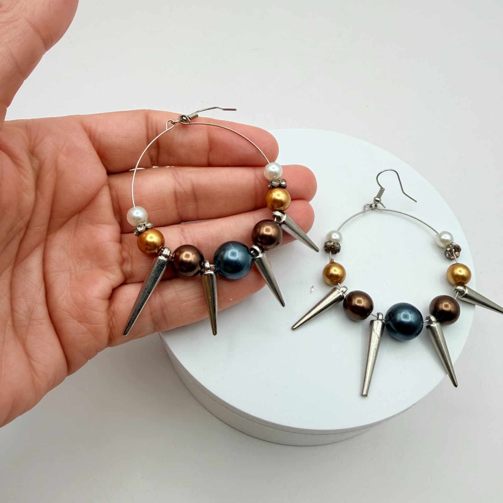 Vintage Y2K Faux Pearl Beaded Spike Hoop Earrings Women's Classic Jewelry - Thumbnail 7