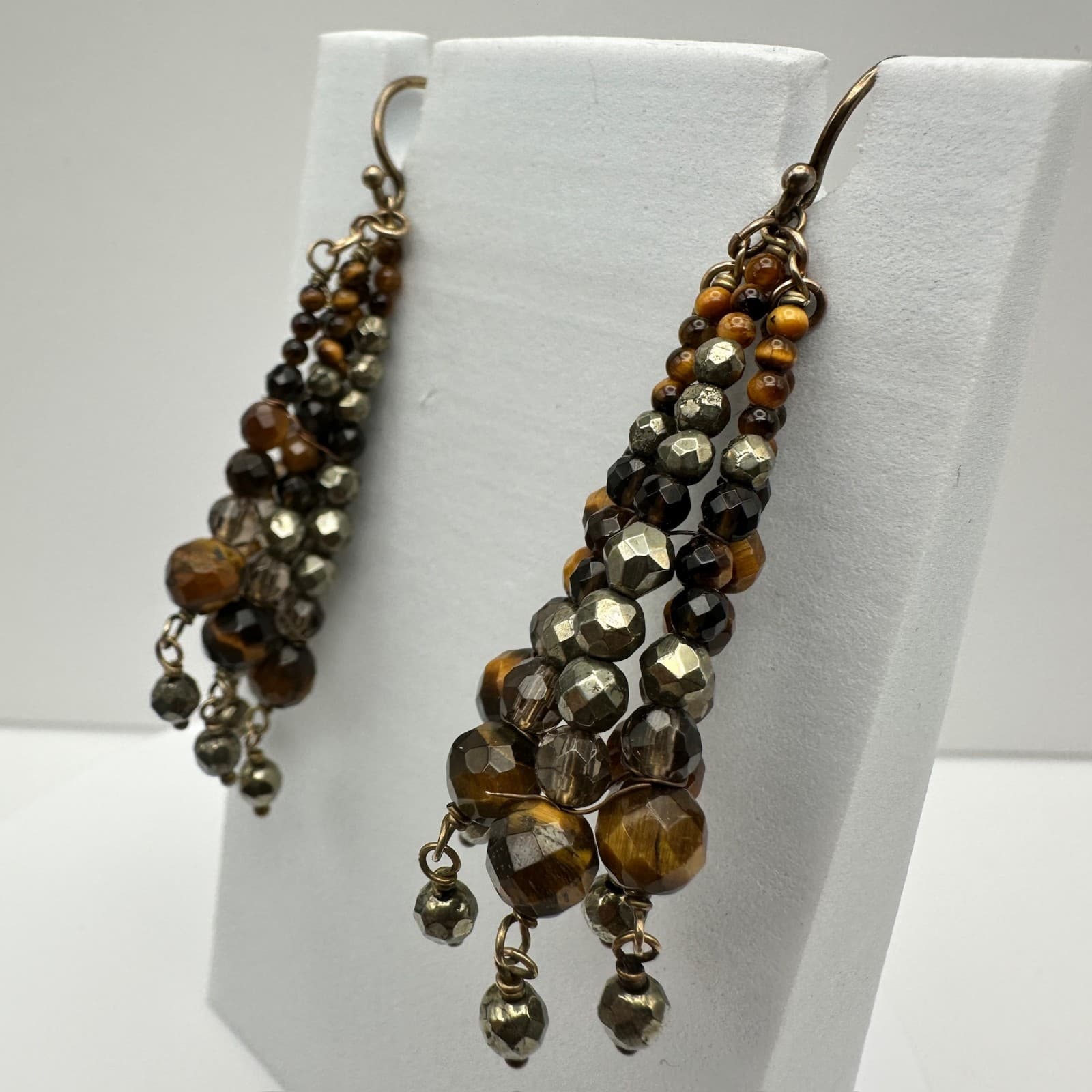 Vintage 90s Beaded Cluster Dangle Earrings Brown Gold-Tone Boho Drop Hook - Thumbnail 3