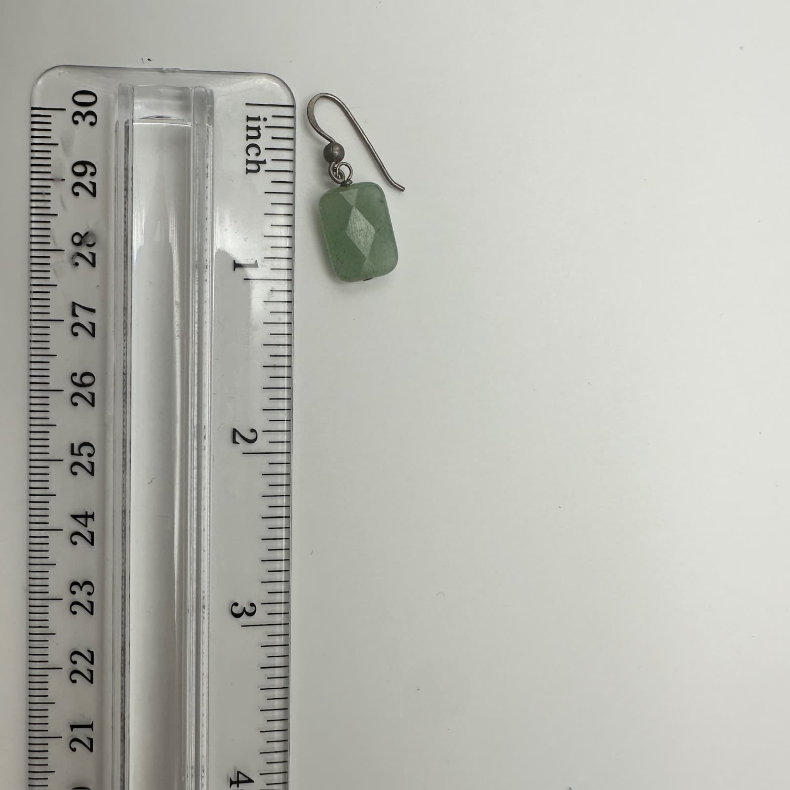 Vintage 90s Dangle Green Aventurine Stone Earrings Faceted Rectangle Silver Tone - Thumbnail 9