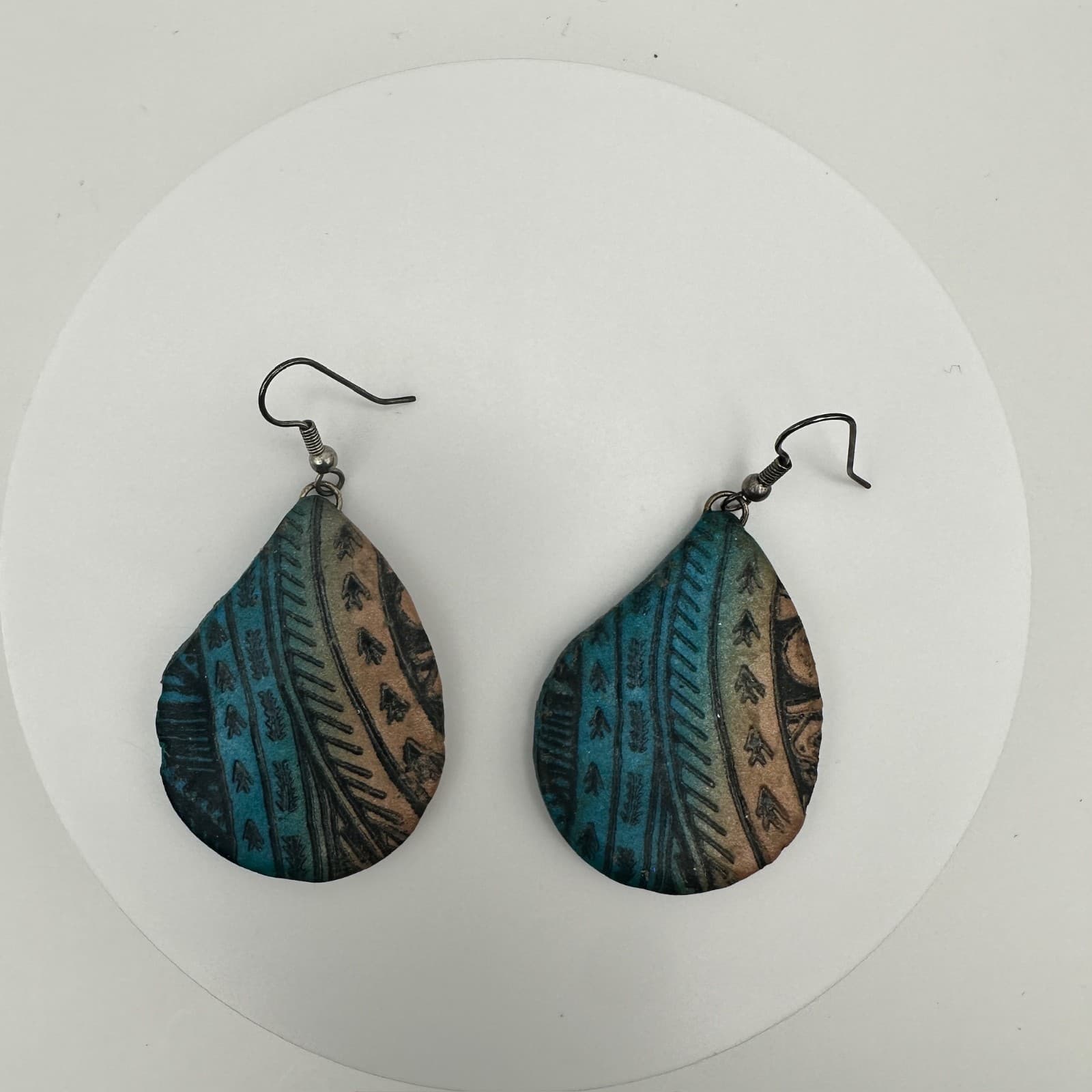 Vintage 80s Boho Clay Teardrop Dangle Earrings Blue Peach Tribal Ethnic Pattern - Thumbnail 5